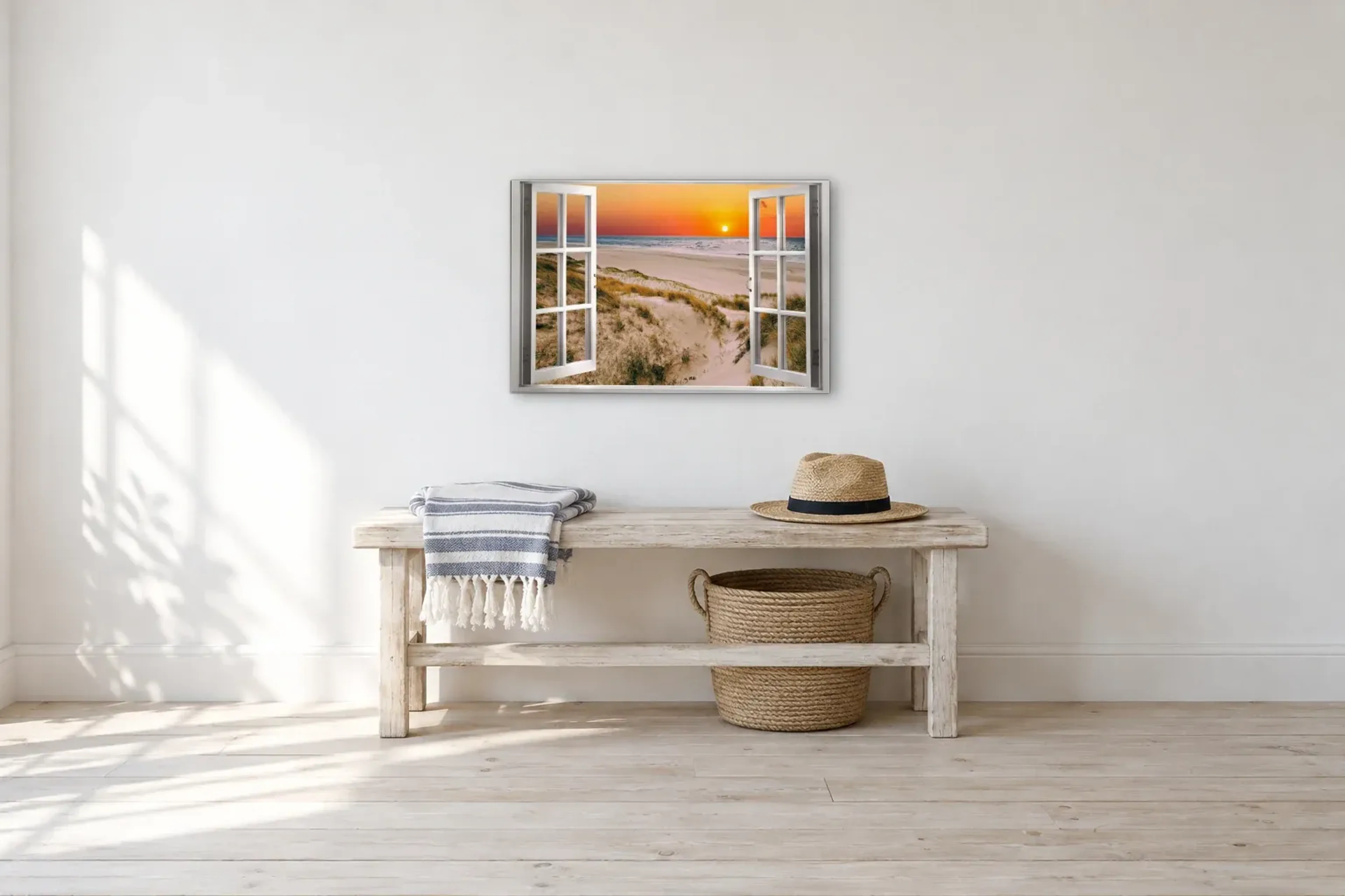 Dünen im Sonnenuntergang als Wandbild über einer 100-cm-Bank
