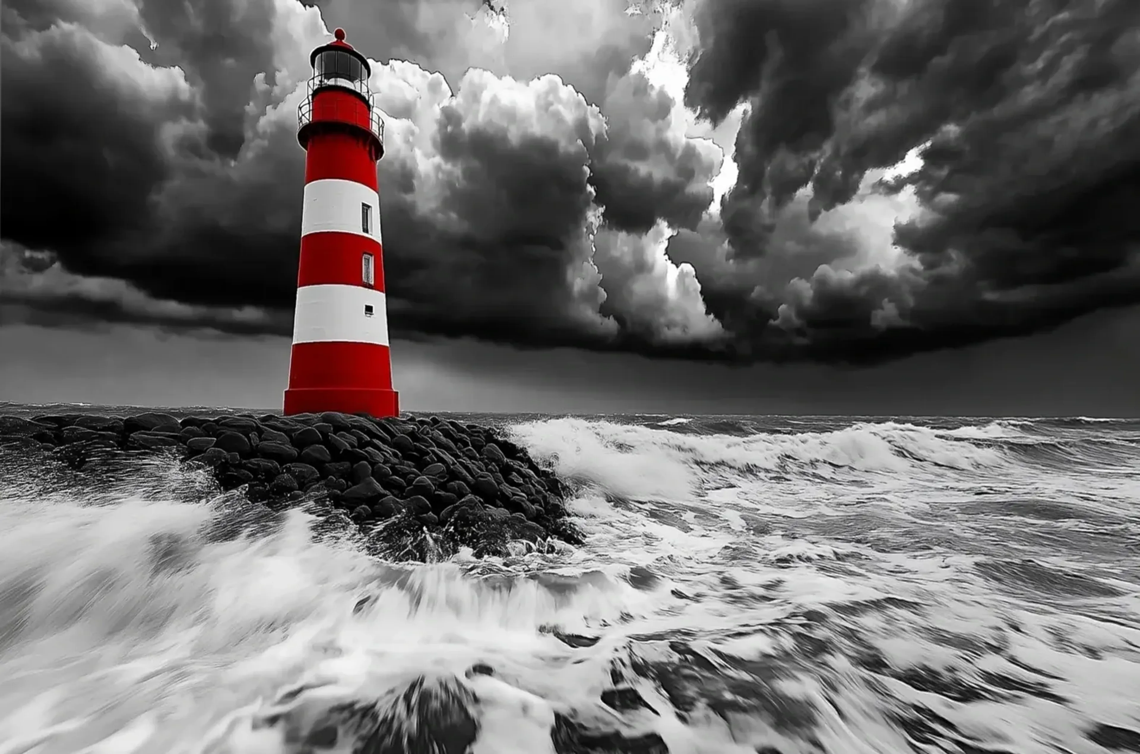 Leuchtturm unter Sturmwolken – Motiv als Wandbild auf Holz