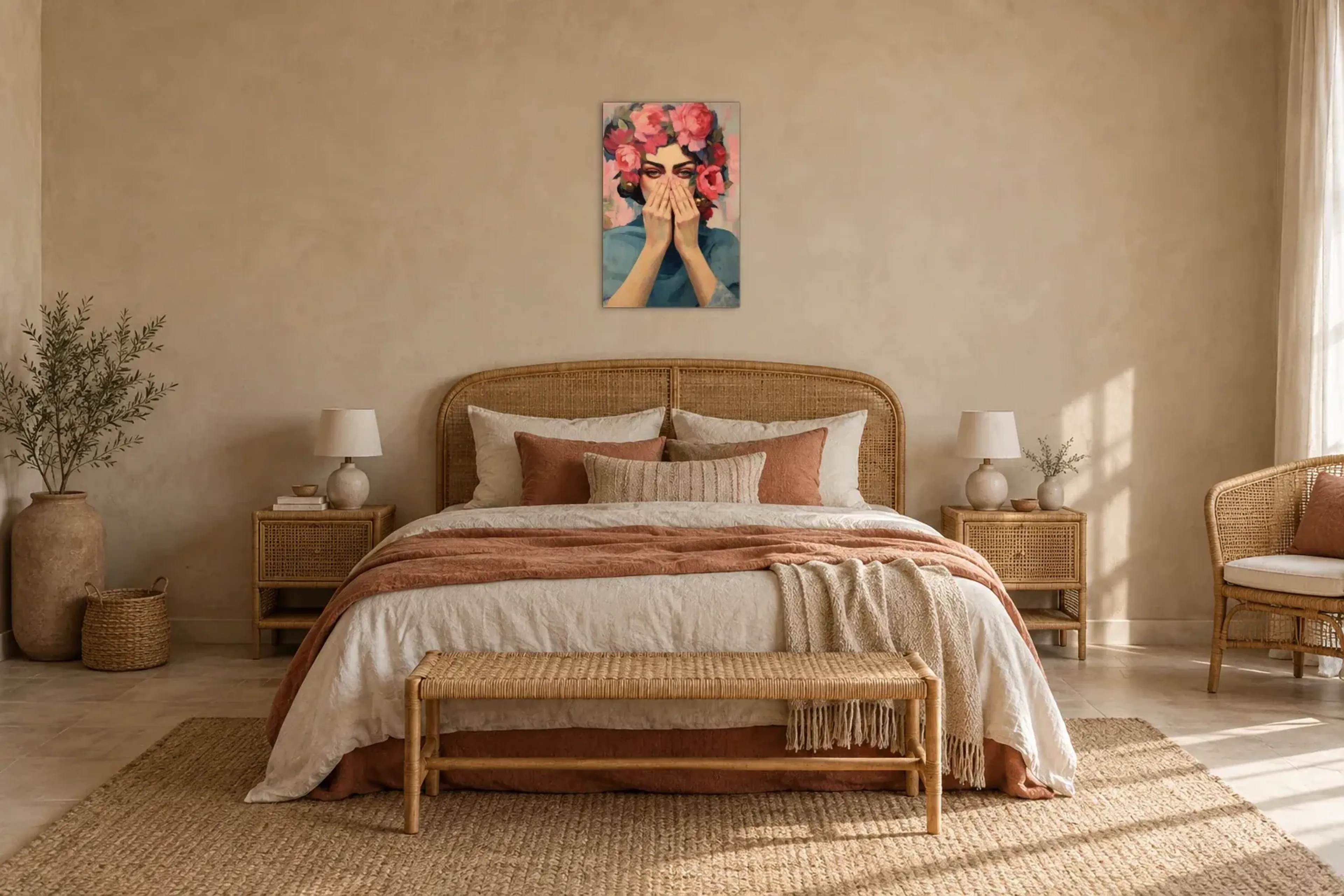 Erstaunte Frau als Wandbild über einem 180-cm-Bett