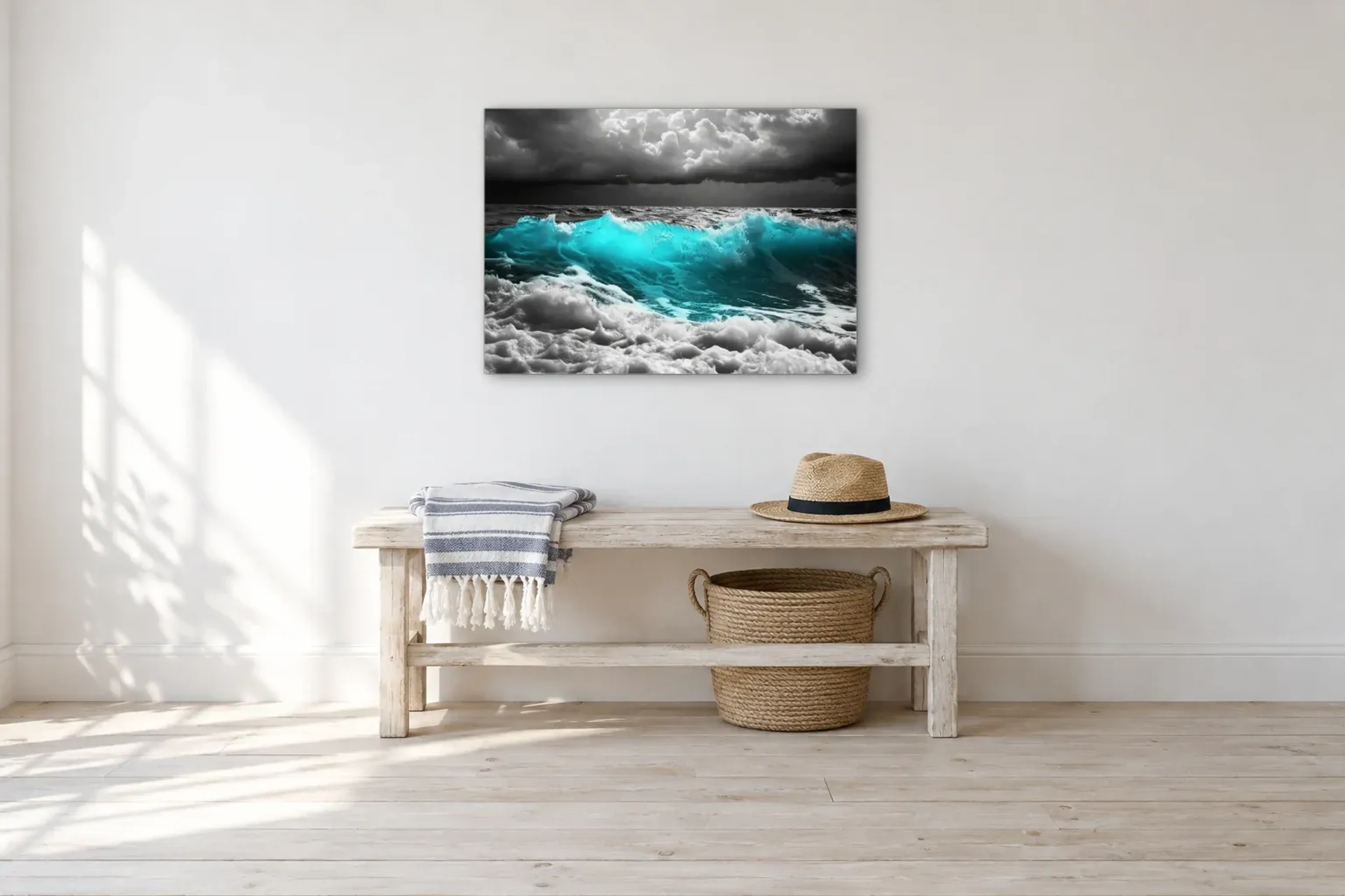 Türkise Welle als Wandbild über einer 100-cm-Bank