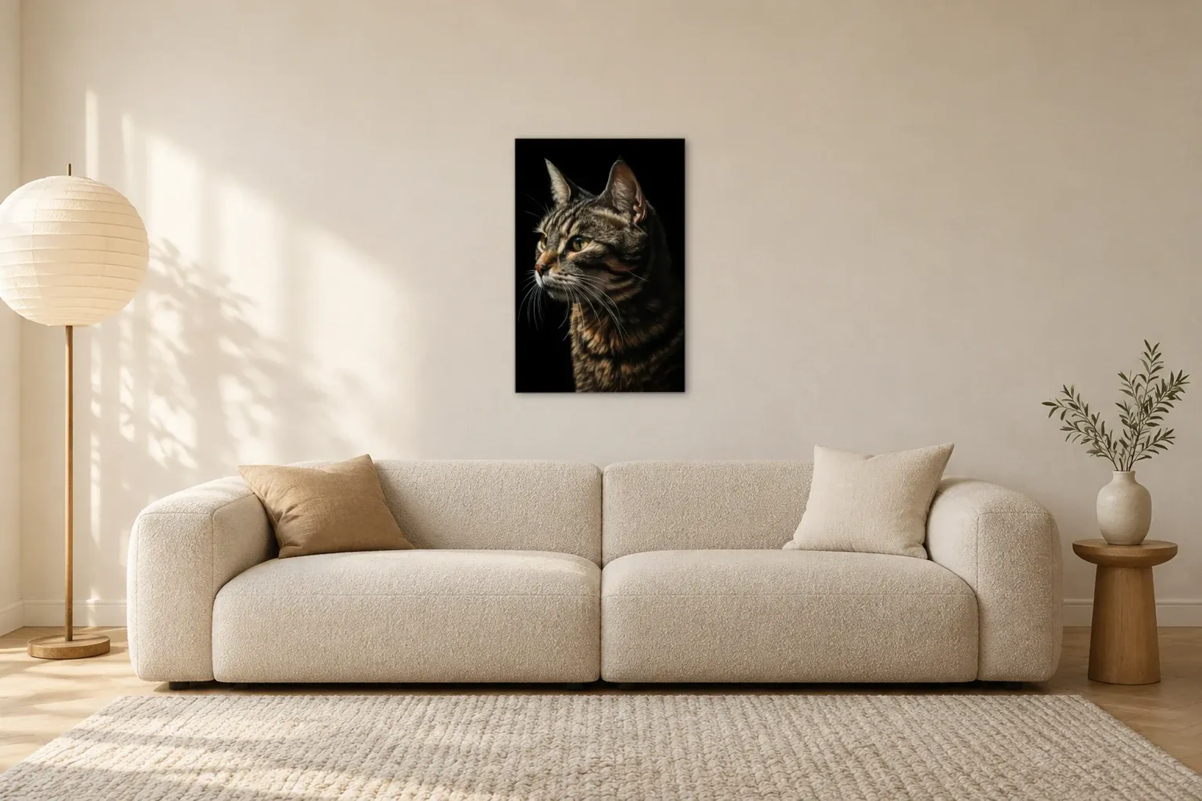 Katze im Seitenlicht als Wandbild über einem 230-cm-Sofa