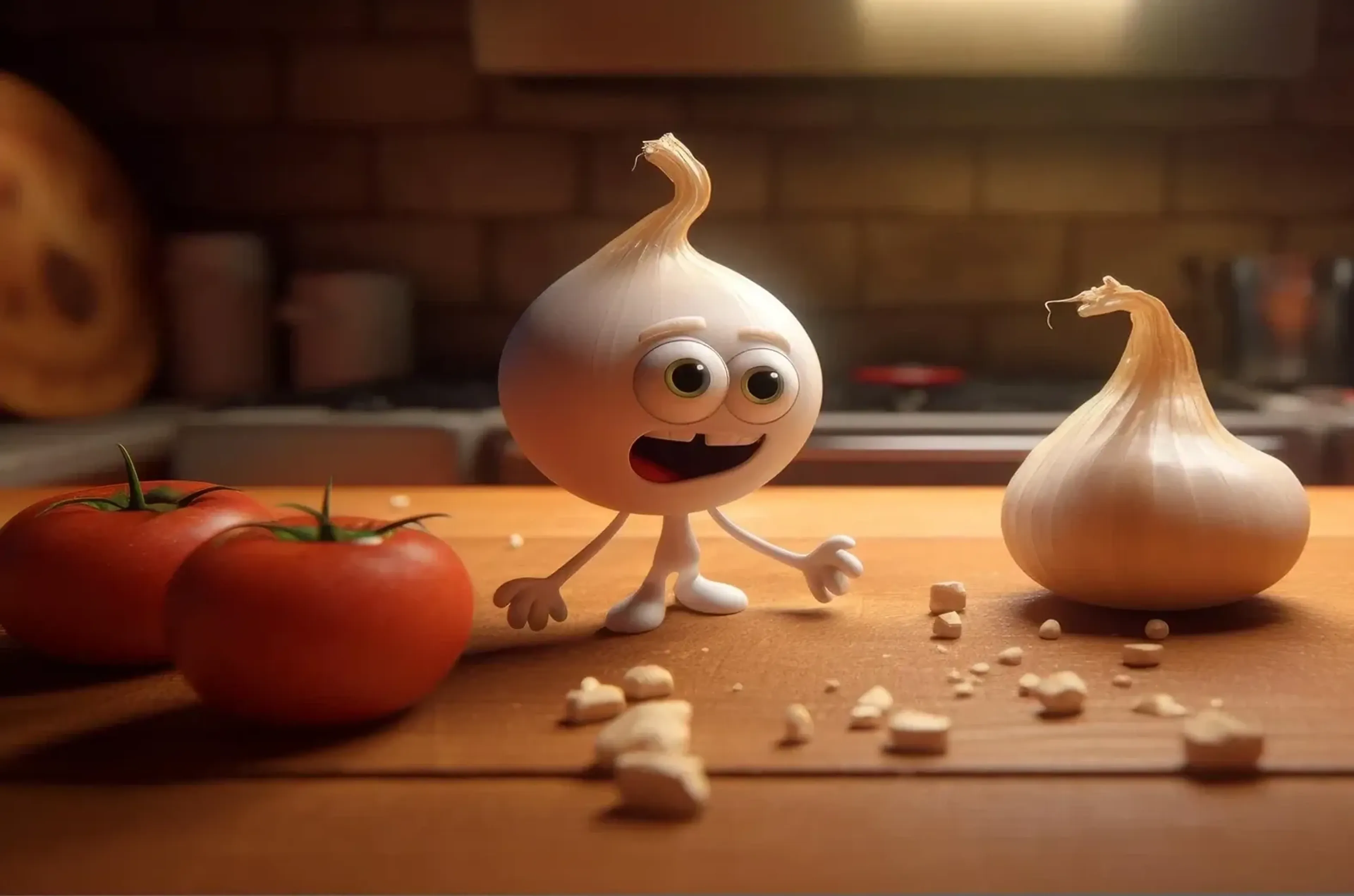 Eine lächelnde Knoblauchfigur steht zwischen roten Tomaten und einer Knoblauchknolle auf einer Küchenfläche.