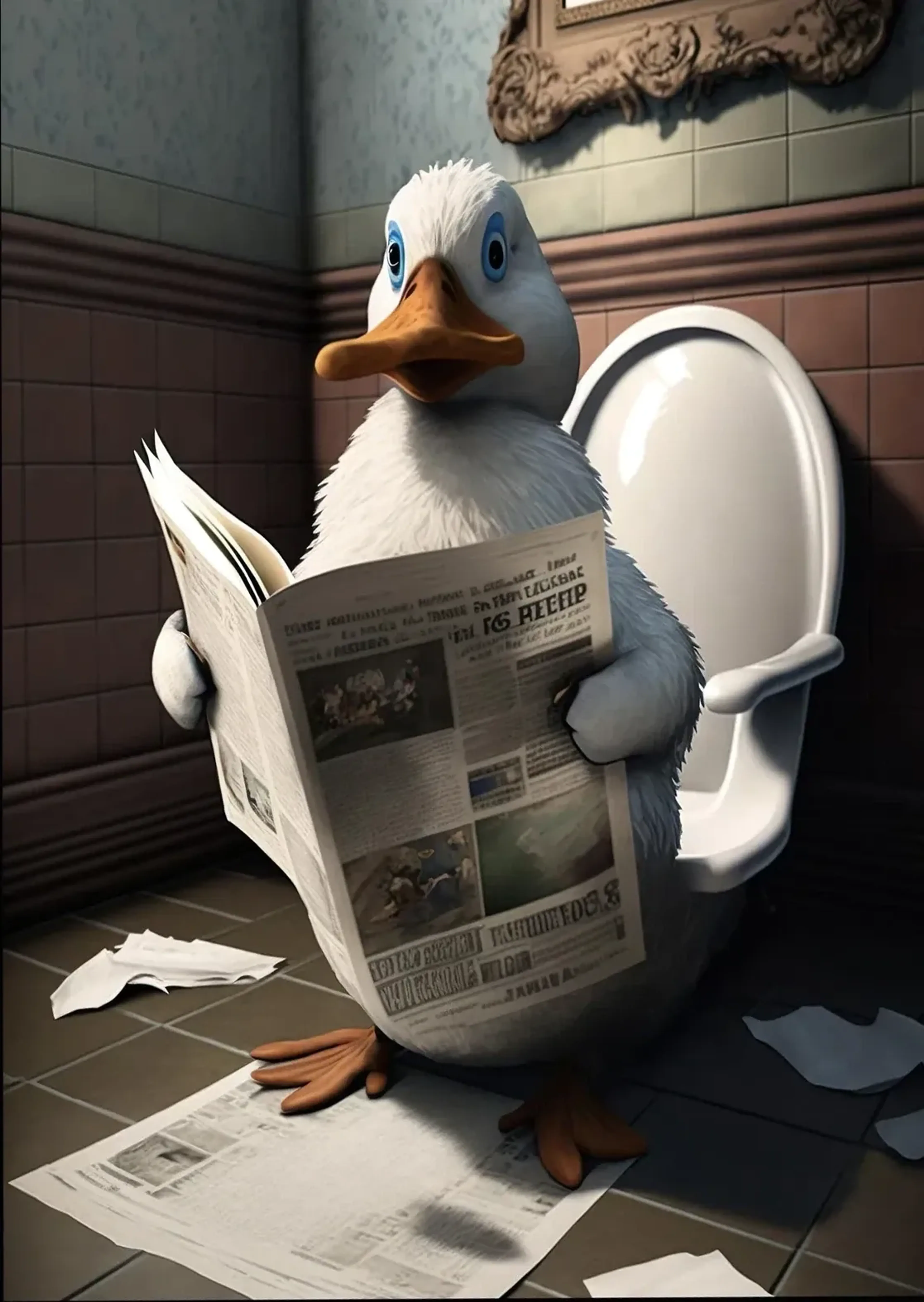 Eine weiße Ente hält vor einer Toilette eine offene Zeitung; weitere Zeitungsblätter liegen auf dem Boden.