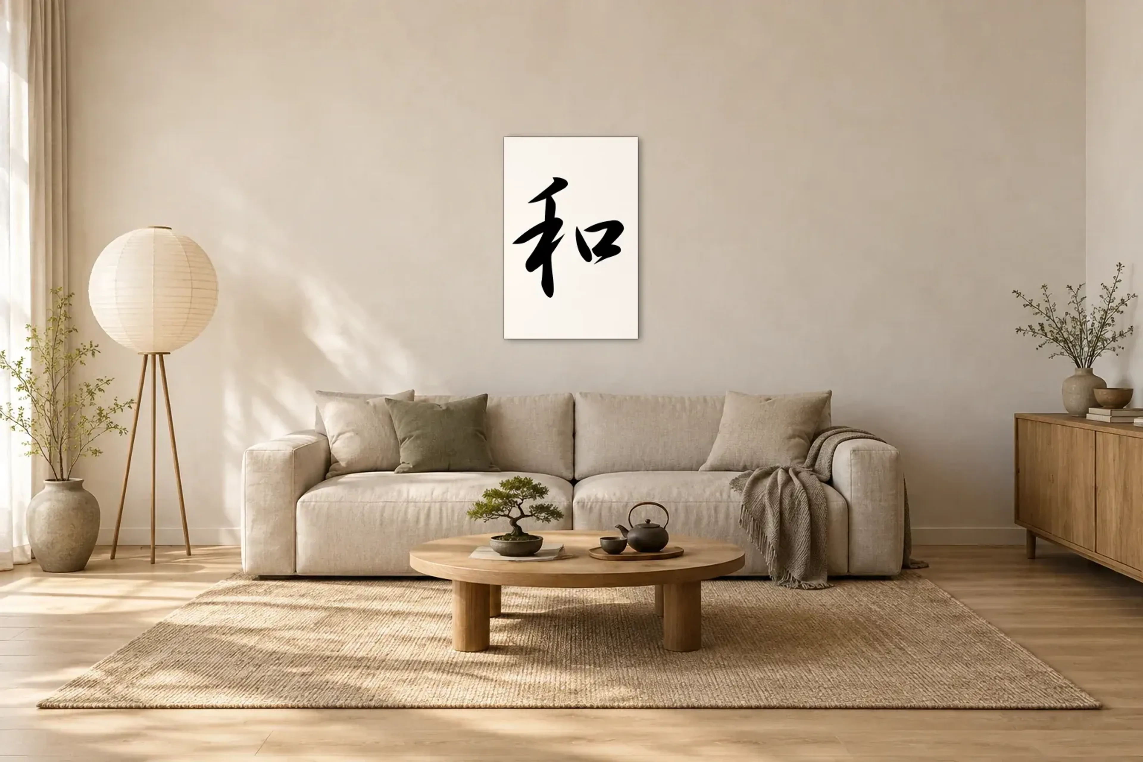 Frieden in Schwarz-Weiß als Wandbild über einem 220-cm-Sofa