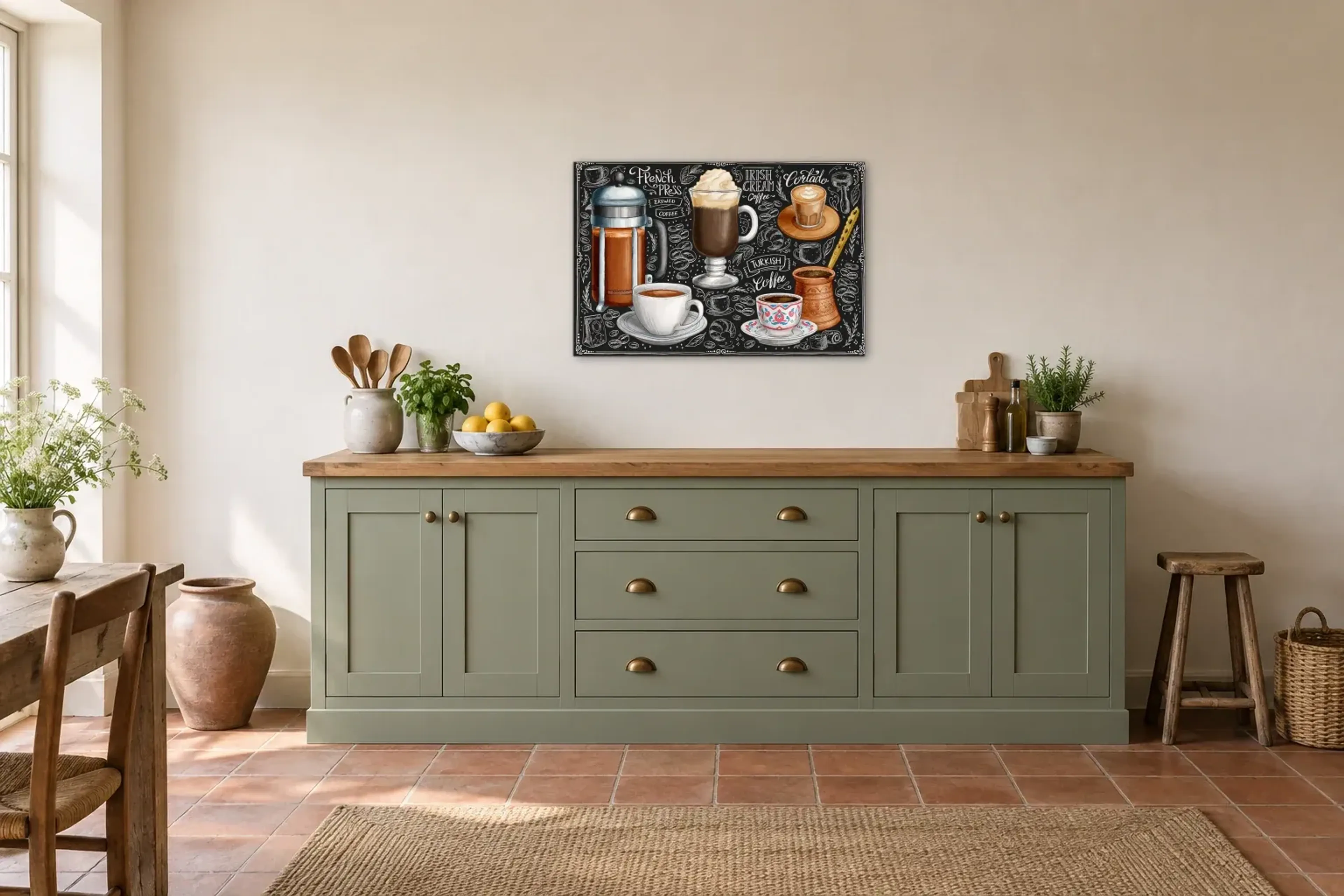 Kaffee Übersicht als Wandbild über einer 200-cm-Arbeitsplatte