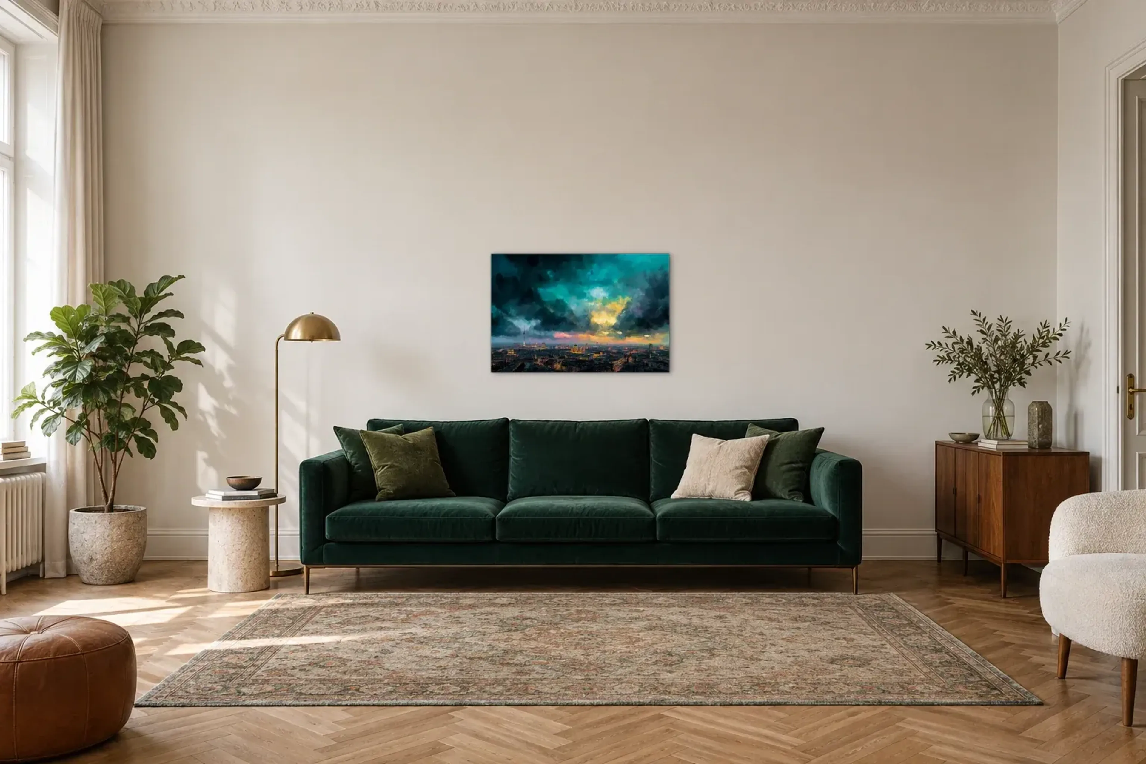 Abendlicht über Berlin als Wandbild über einem 220-cm-Sofa