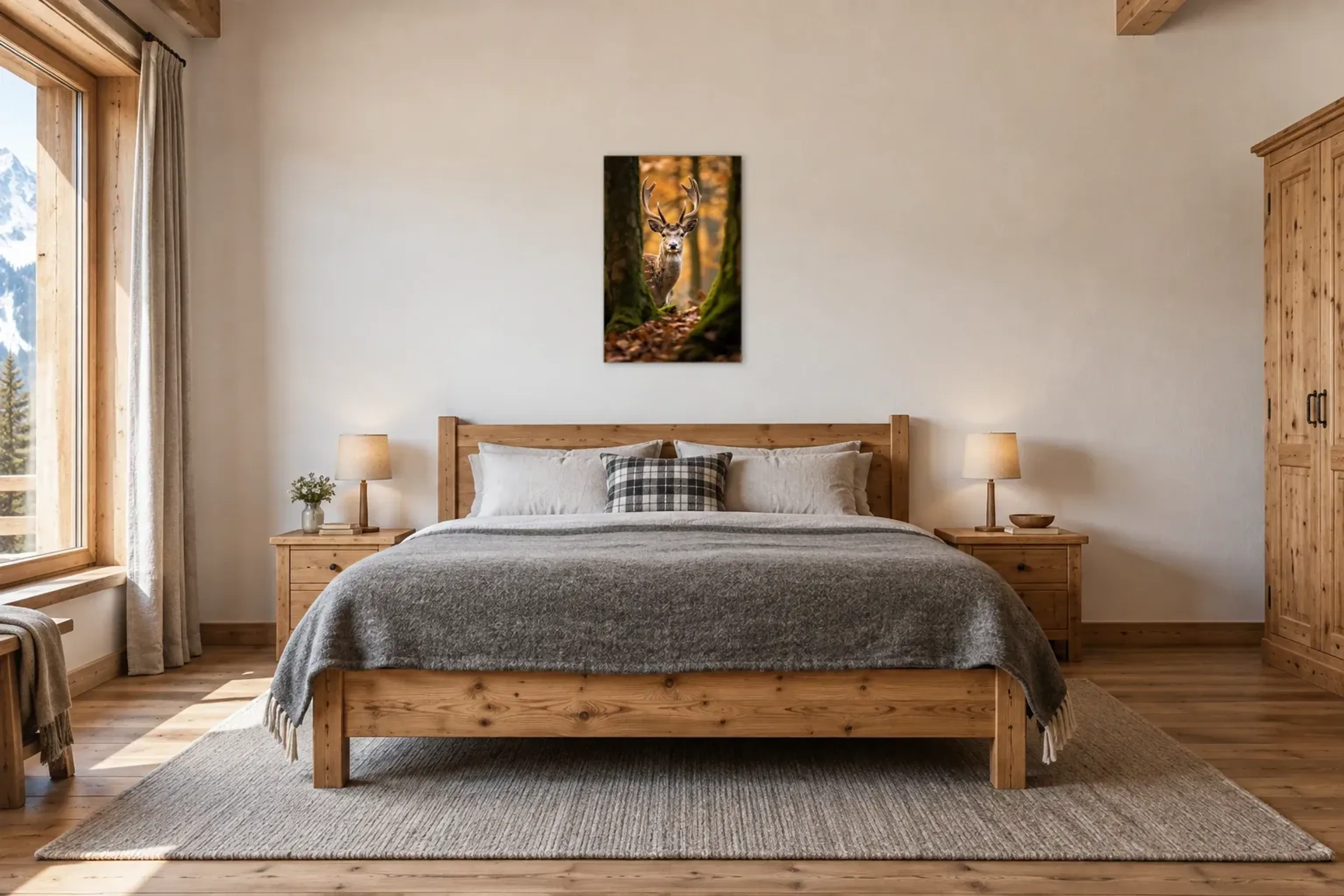 Hirsch hinterm Baum als Wandbild über einem 180-cm-Bett