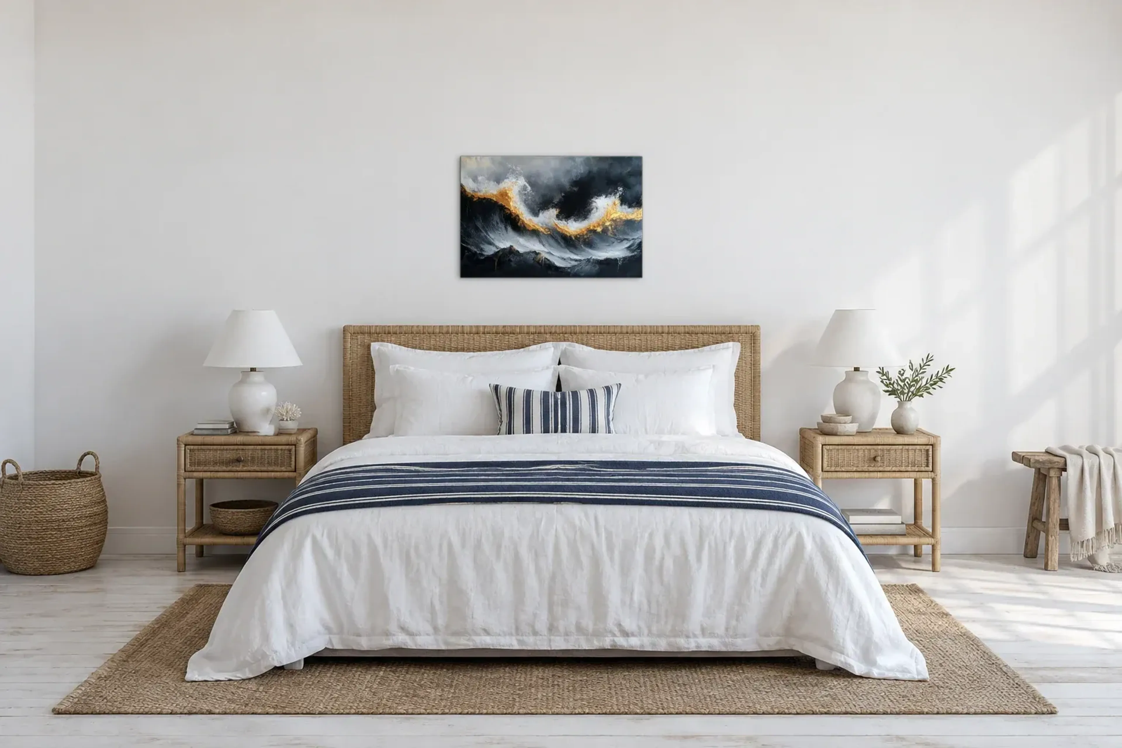 Marmor Wellen als Wandbild über einem 180-cm-Bett