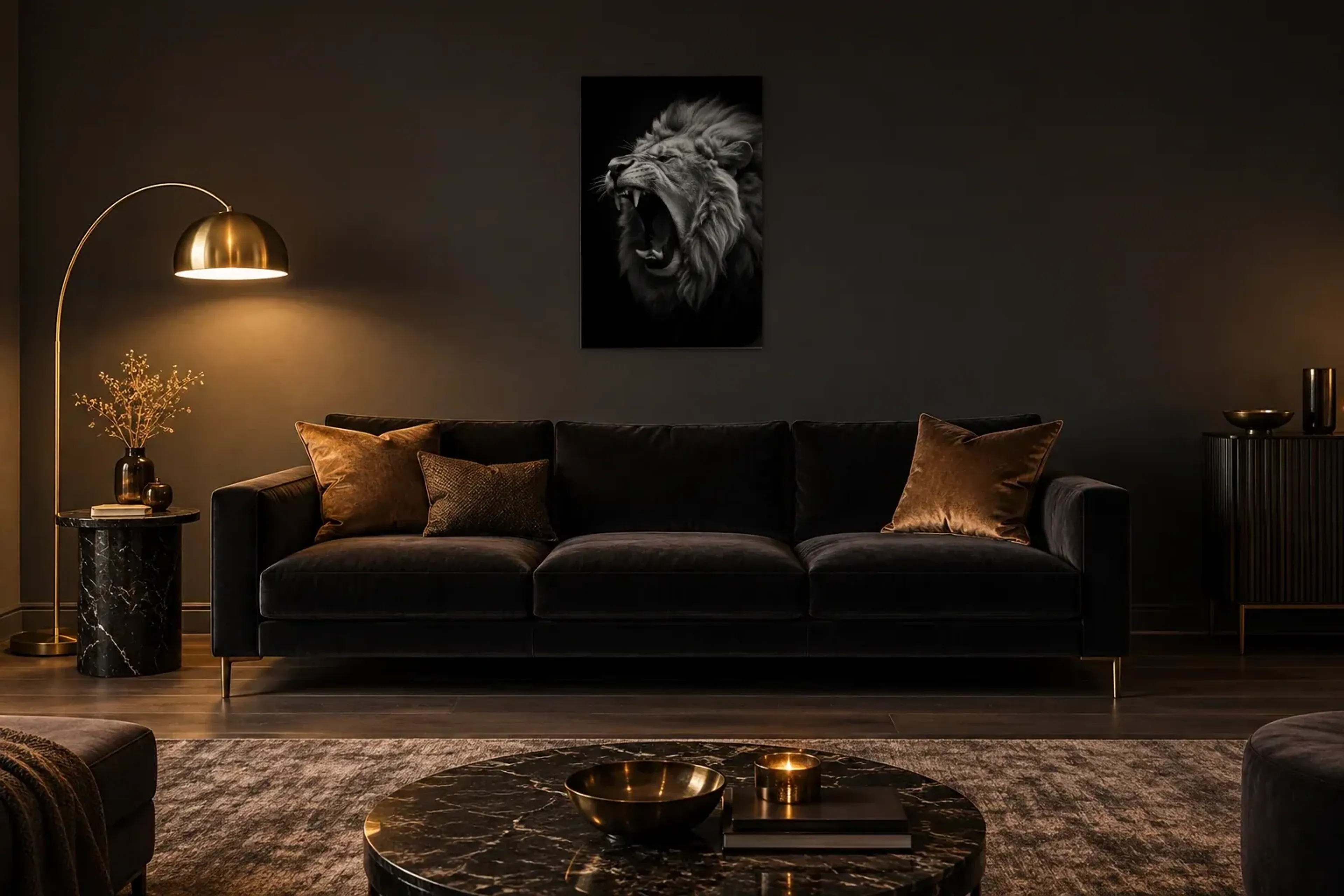 Löwe brüllt schwarz-weiß als Wandbild über einem 220-cm-Sofa