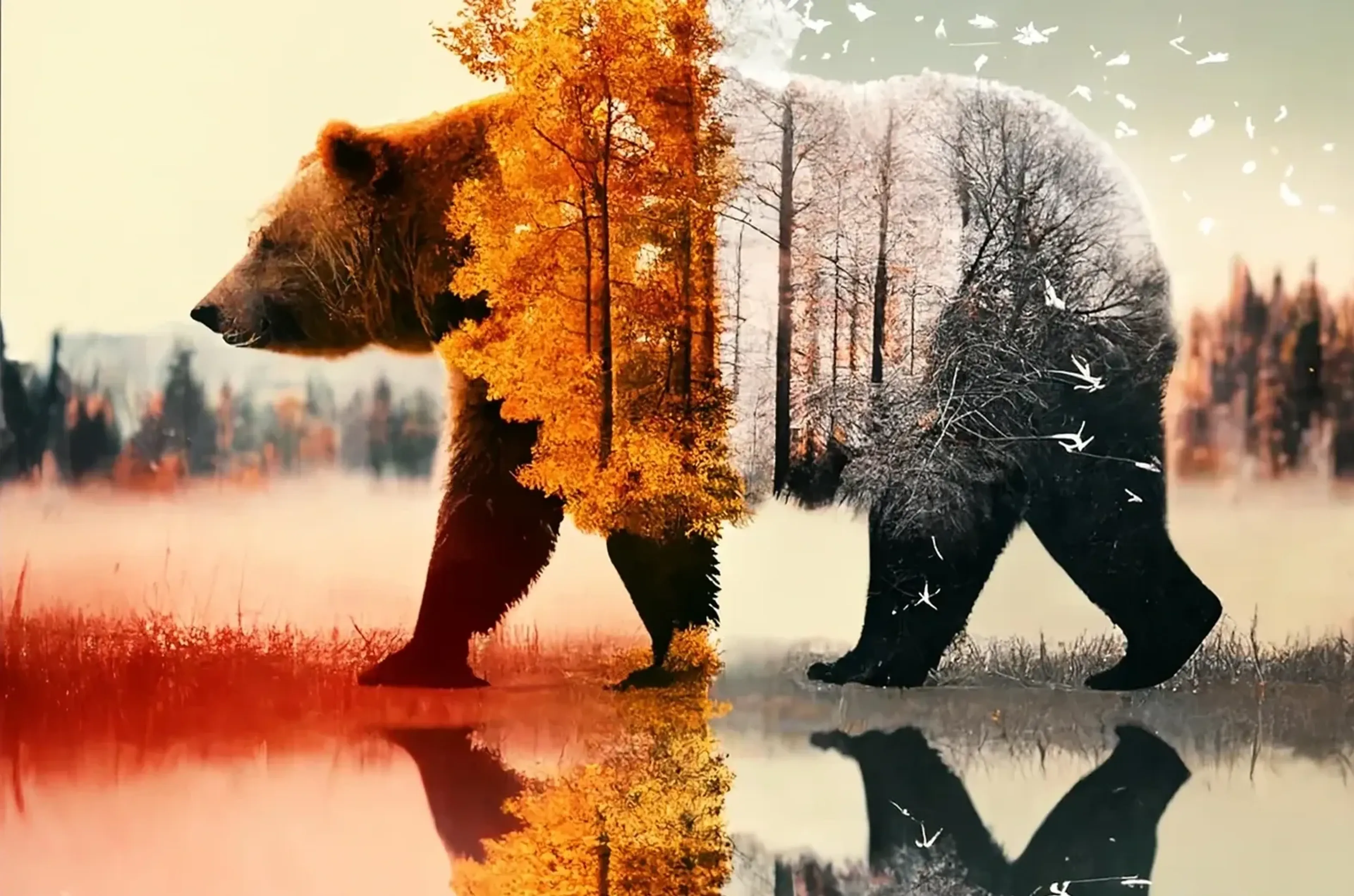 Bärensilhouette mit orangefarbenem Herbstwald und hellem Winterwald, darunter eine Spiegelung im Wasser.