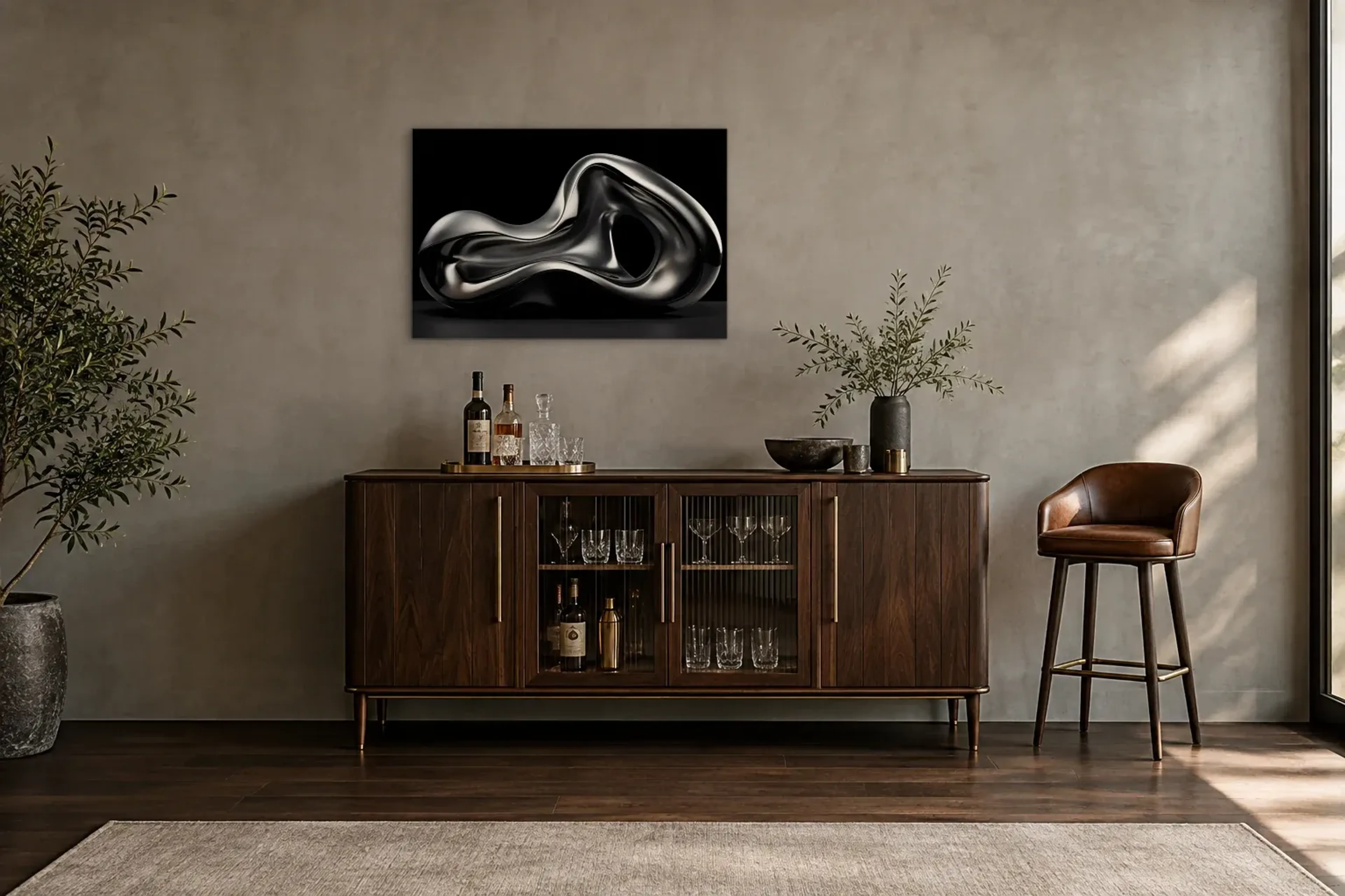 Geschwungene Silberform als Wandbild über einem 150-cm-Barschrank