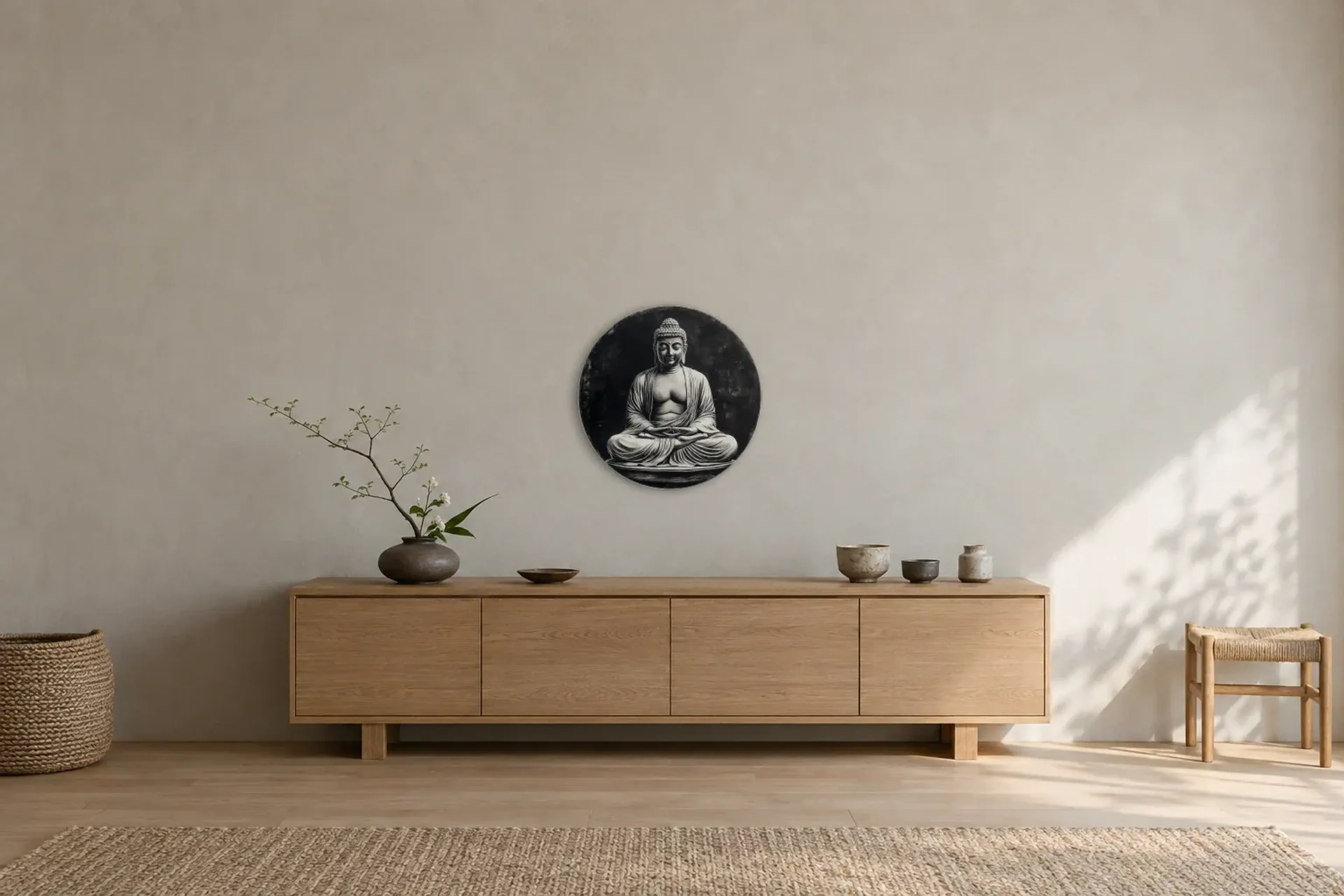 Buddha in Meditation als Wandbild über einem 180-cm-Sideboard