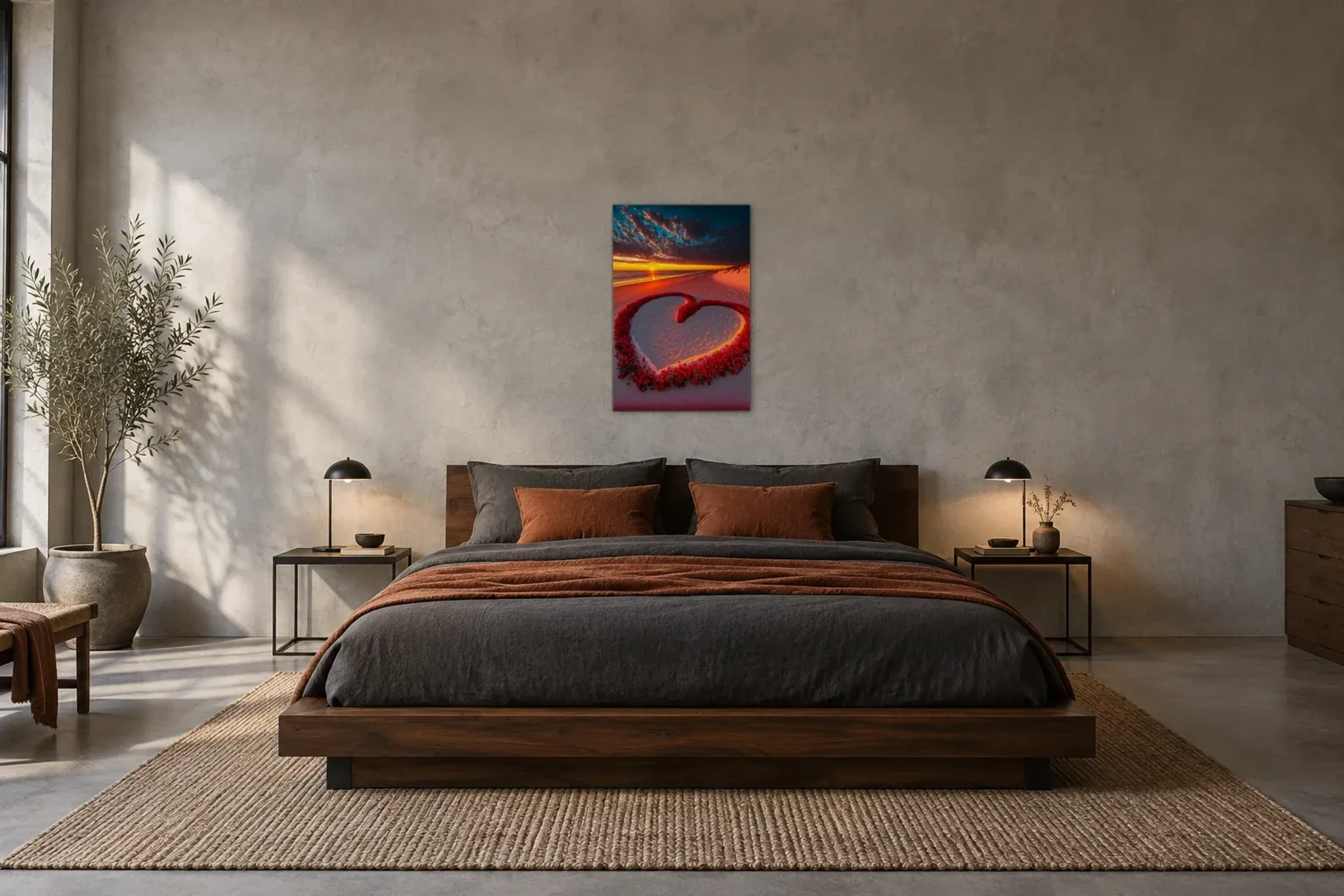 Rosenherz am Strand als Wandbild über einem 180-cm-Bett