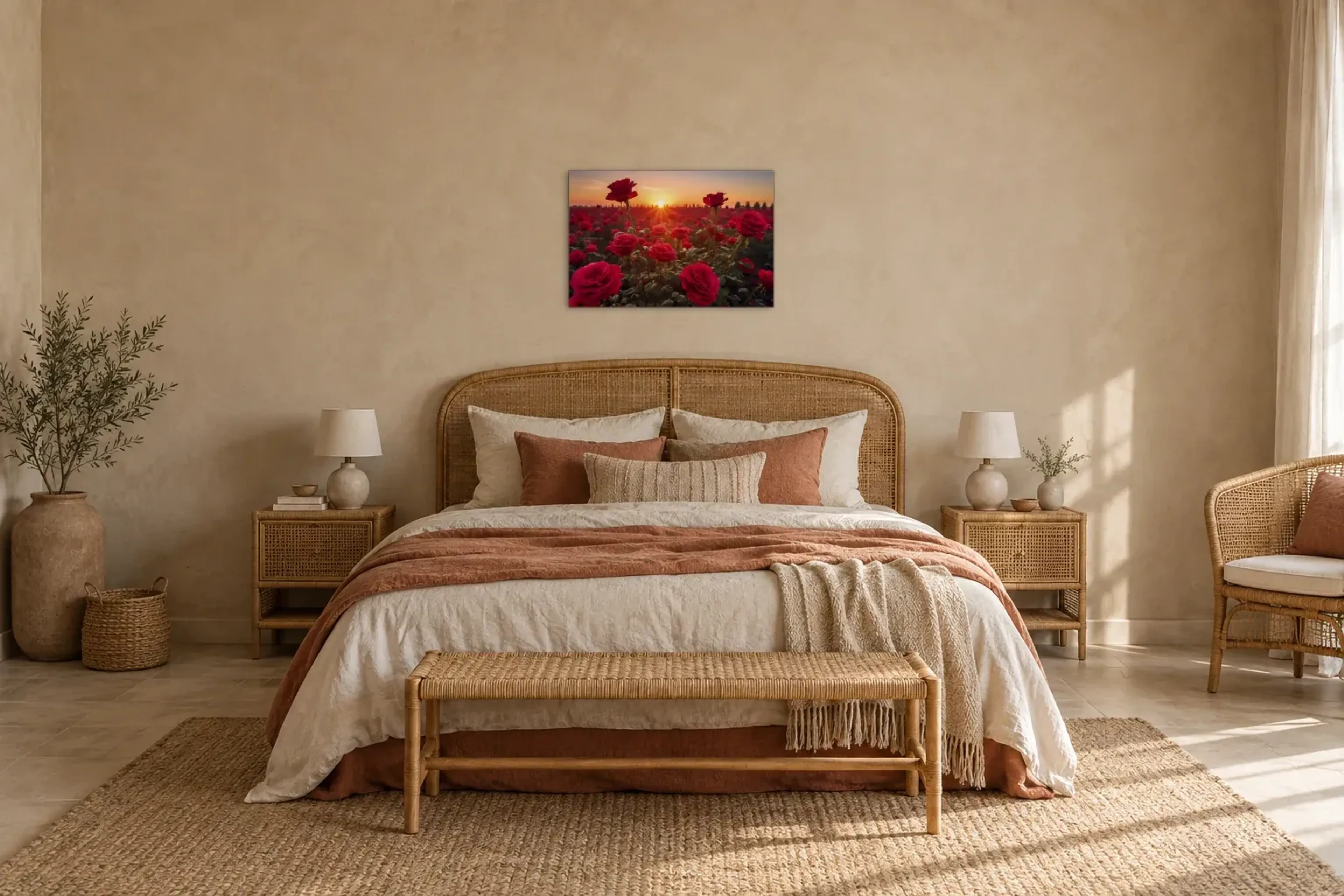 Rosenfeld im Sonnenuntergang als Wandbild über einem 180-cm-Bett