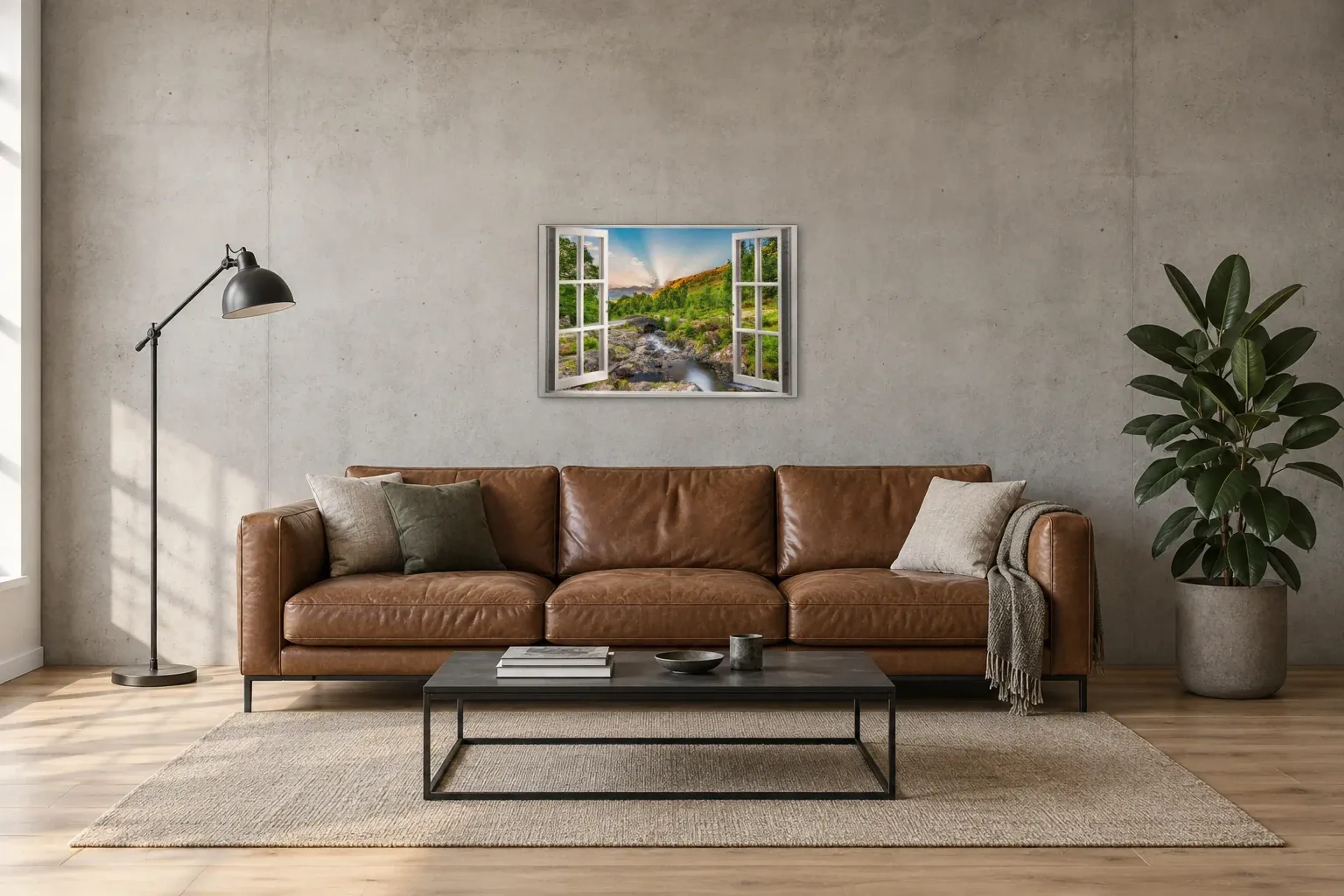 Steinbrücke am Bach als Wandbild über einem 220-cm-Sofa