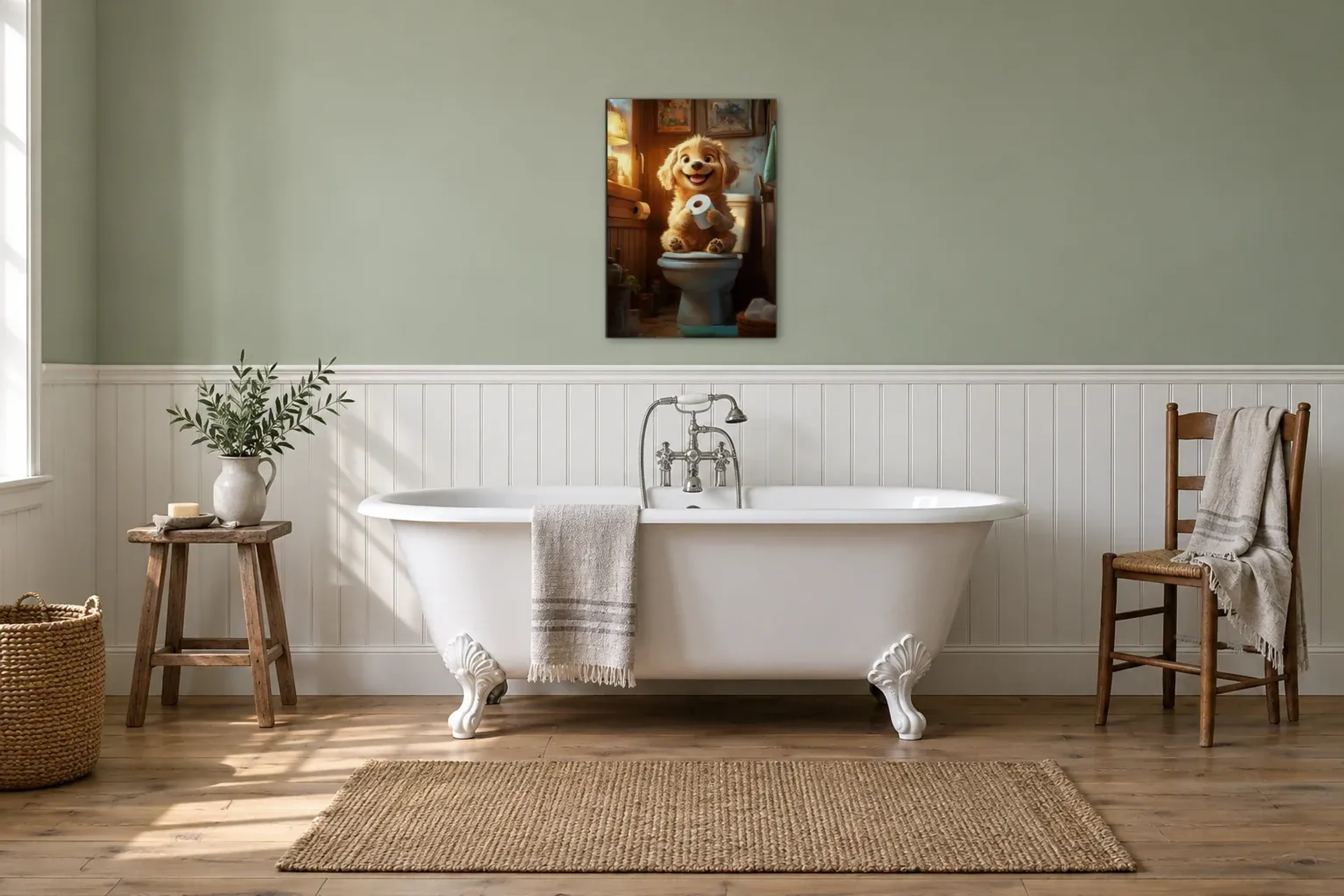 Hund im gemütlichen Örtchen als Wandbild über einer 170-cm-Badewanne