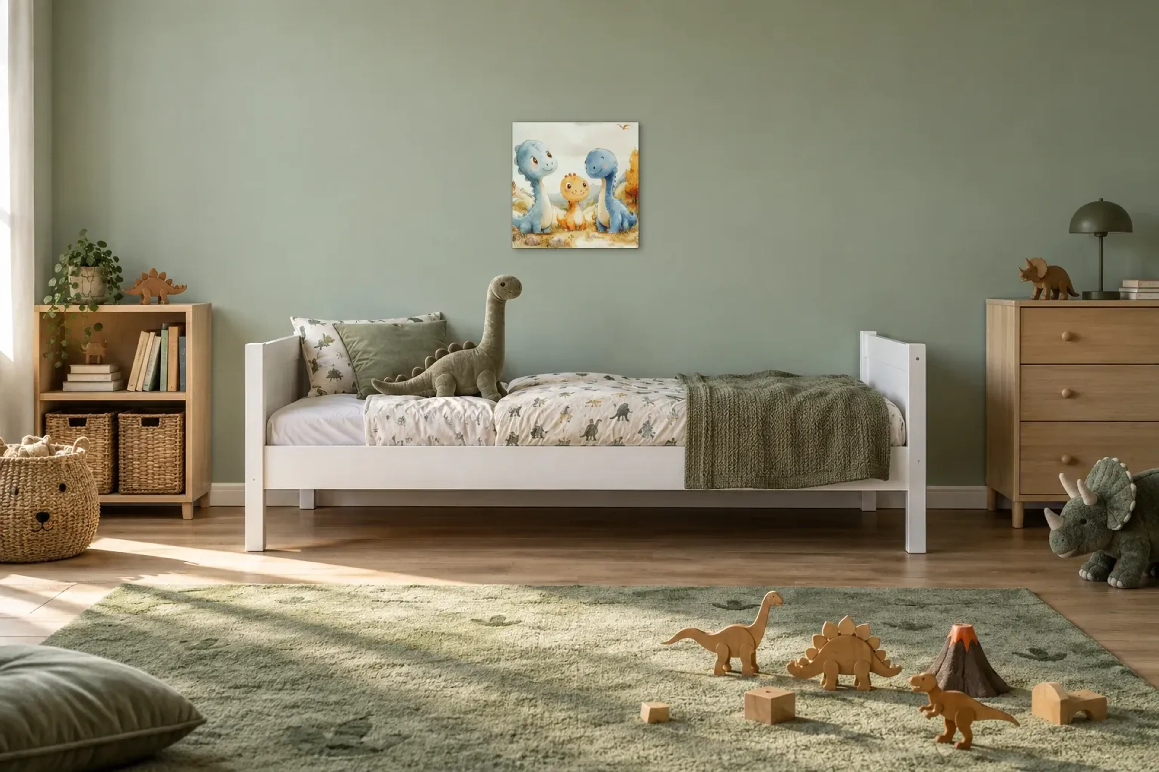 Dinotr io im Herbst als Wandbild über einem 200-cm-Kinderbett