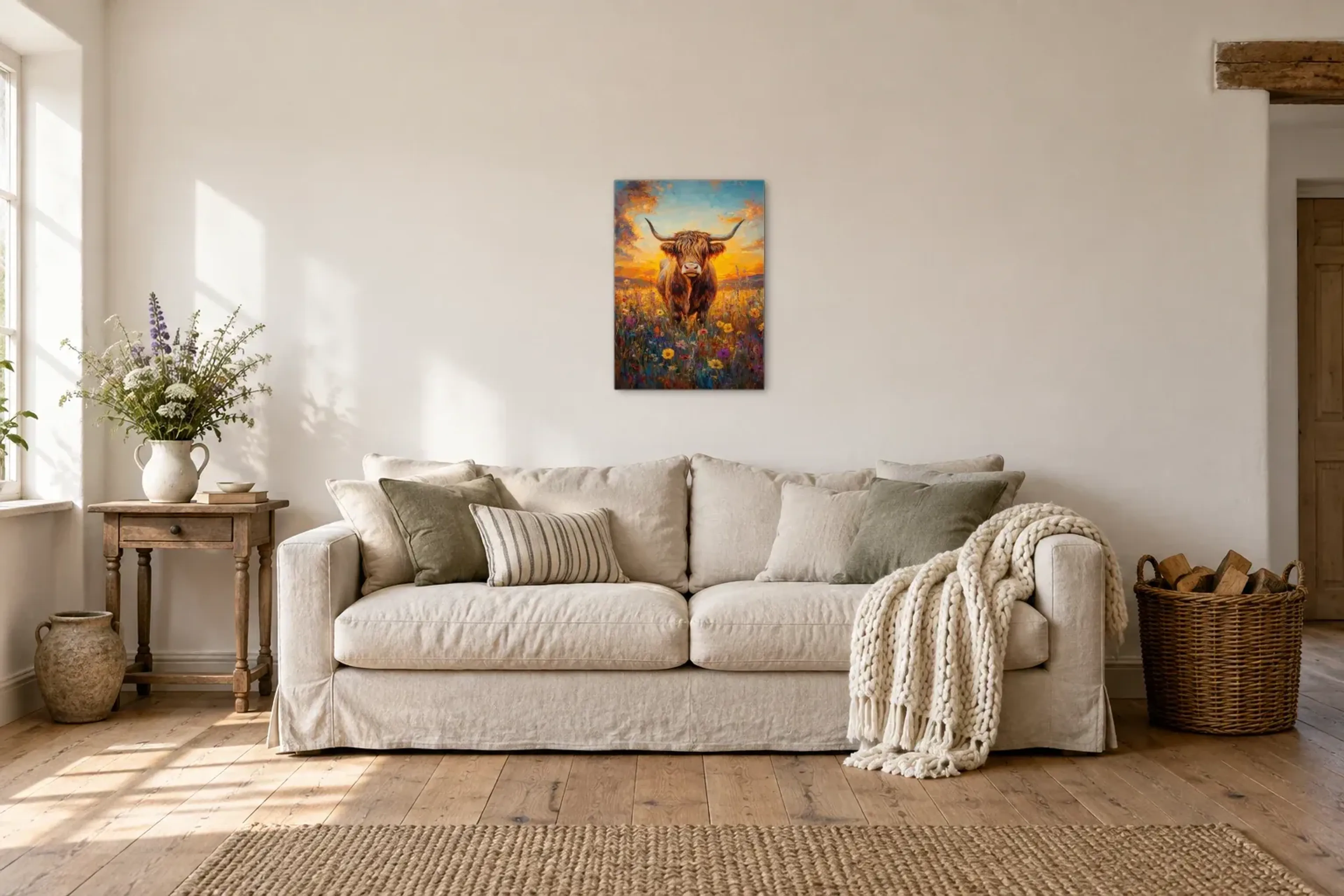 Hochlandrind im Abendlicht als Wandbild über einem 220-cm-Sofa