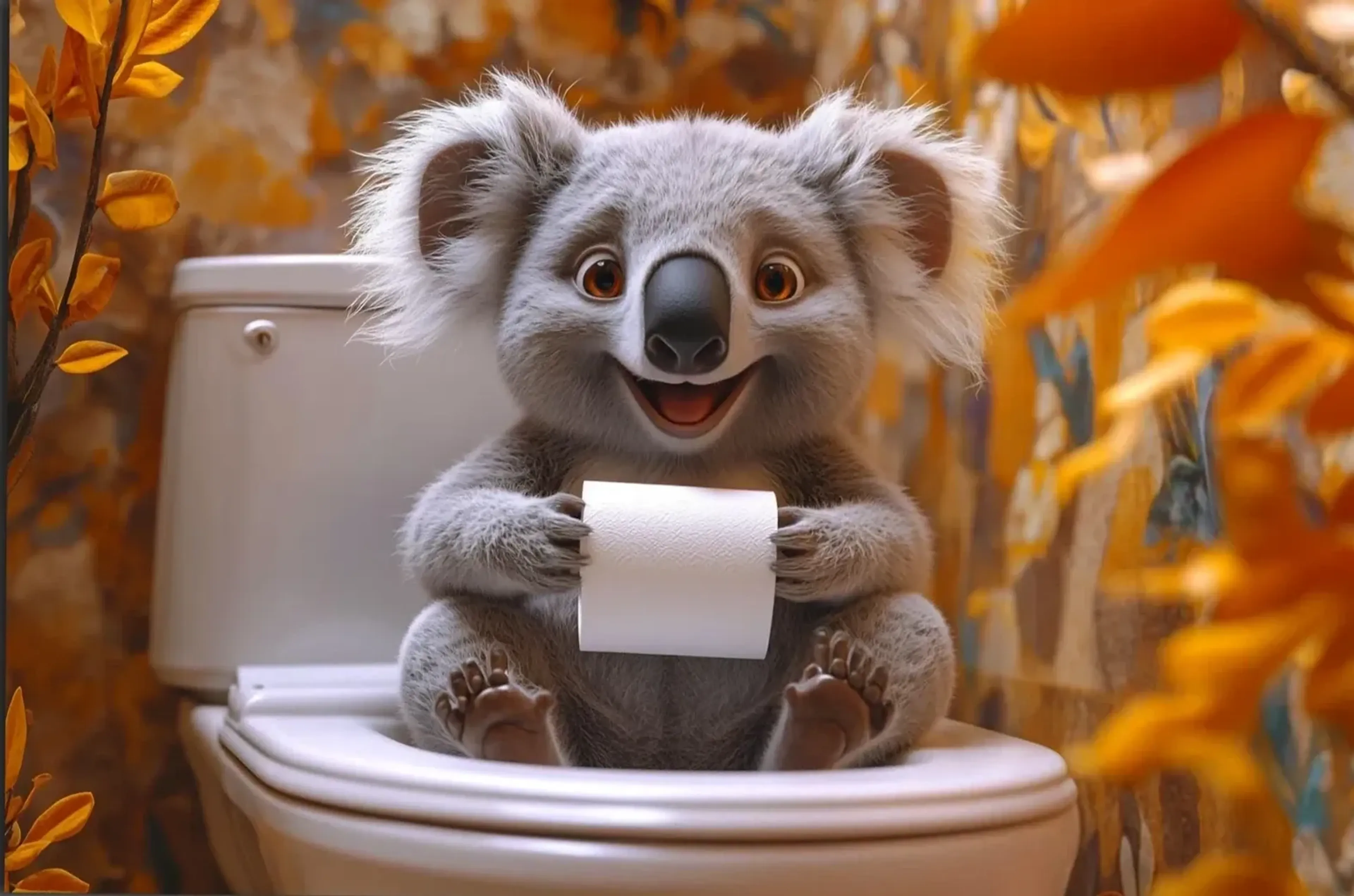 Koala zwischen Herbstblättern – Motiv als Wandbild auf Holz