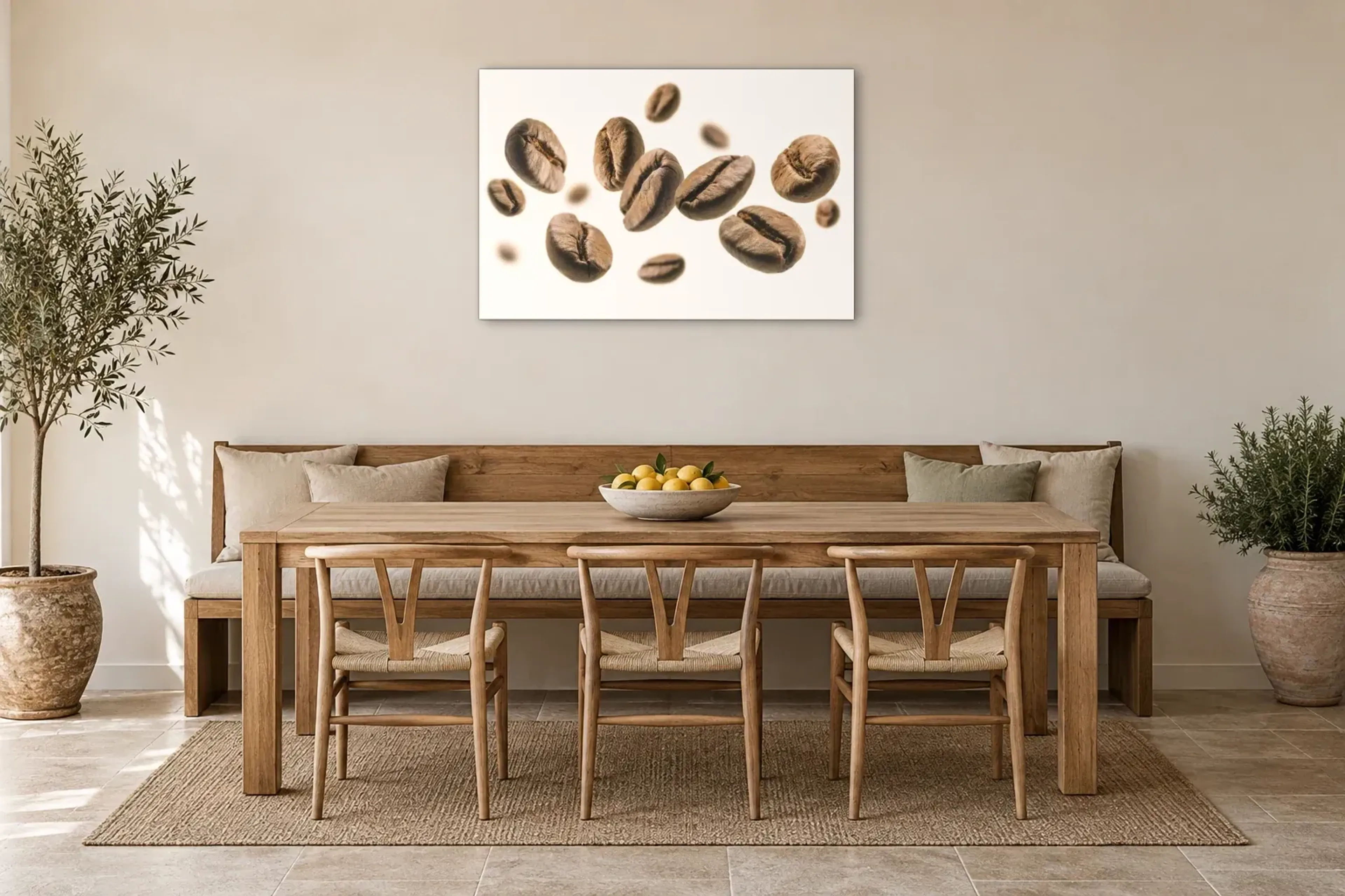 Kaffeebohnen auf Weiß als Wandbild über einer 200-cm-Sitzbank