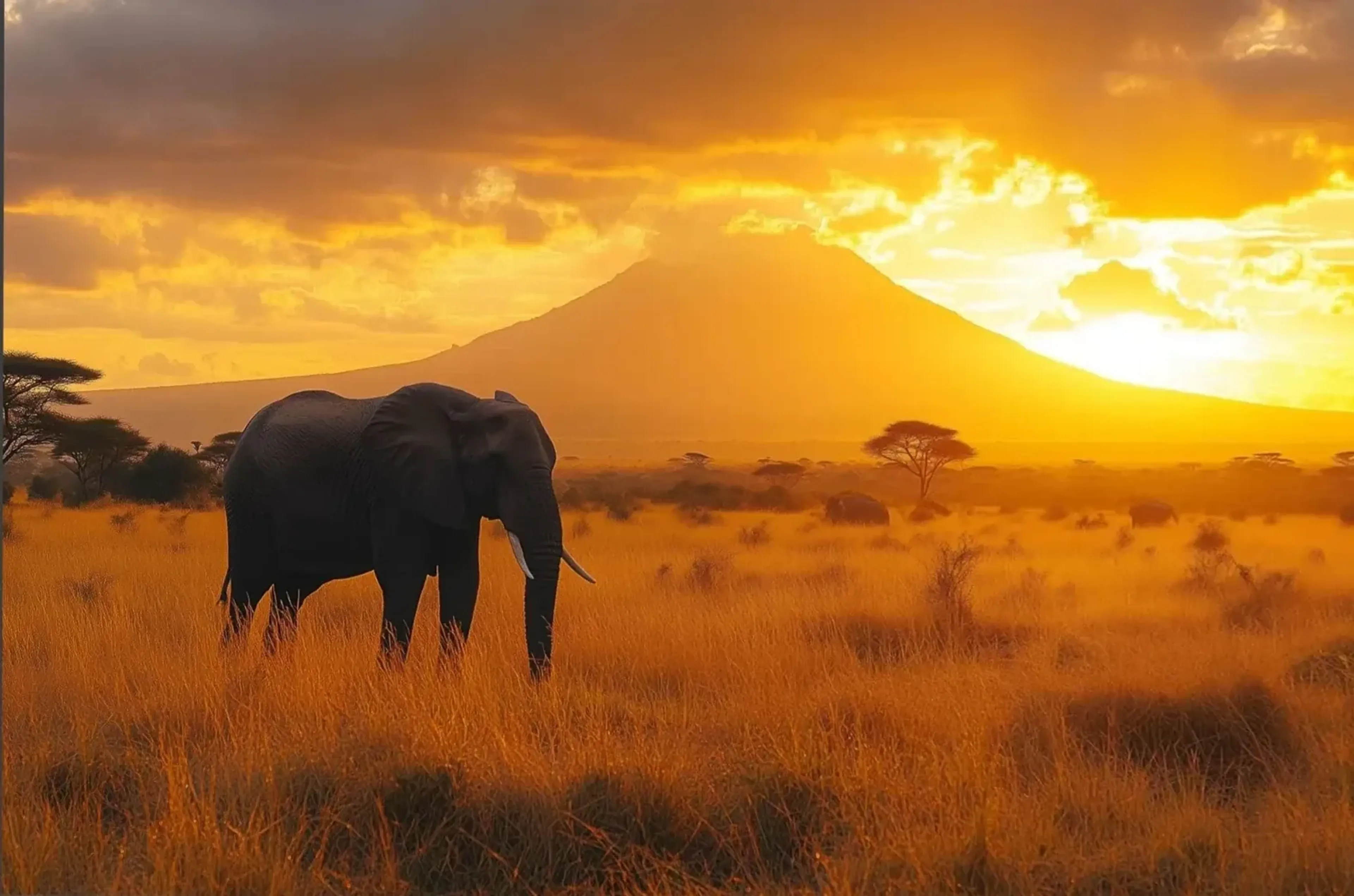 Ein Elefant im goldenen Gras vor einem Berg, weiteren Elefanten und einem gelb leuchtenden Abendhimmel.