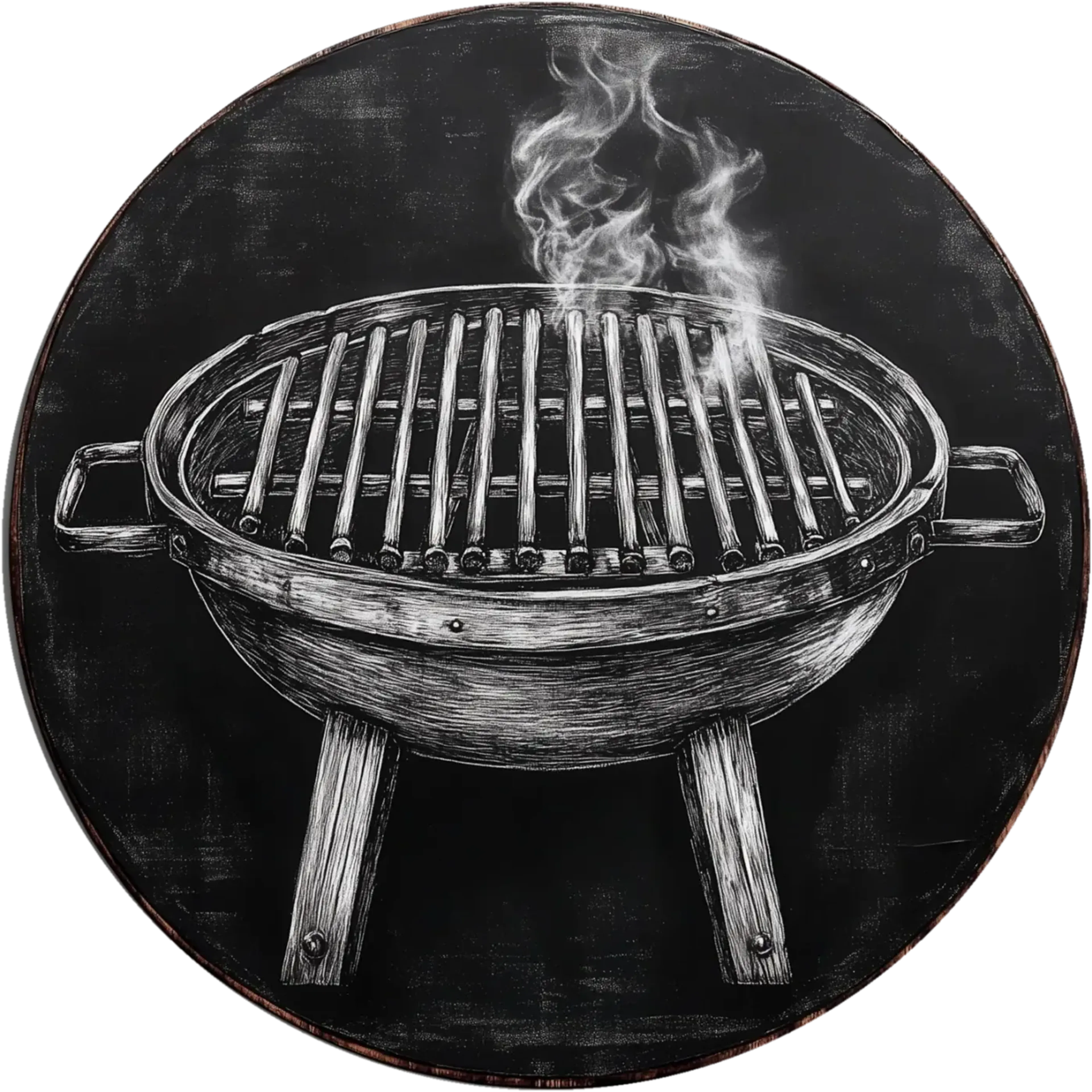 Runder Grill mit Rost, seitlichen Griffen und aufsteigendem Rauch, in Weiß und Grau auf schwarzem Grund.