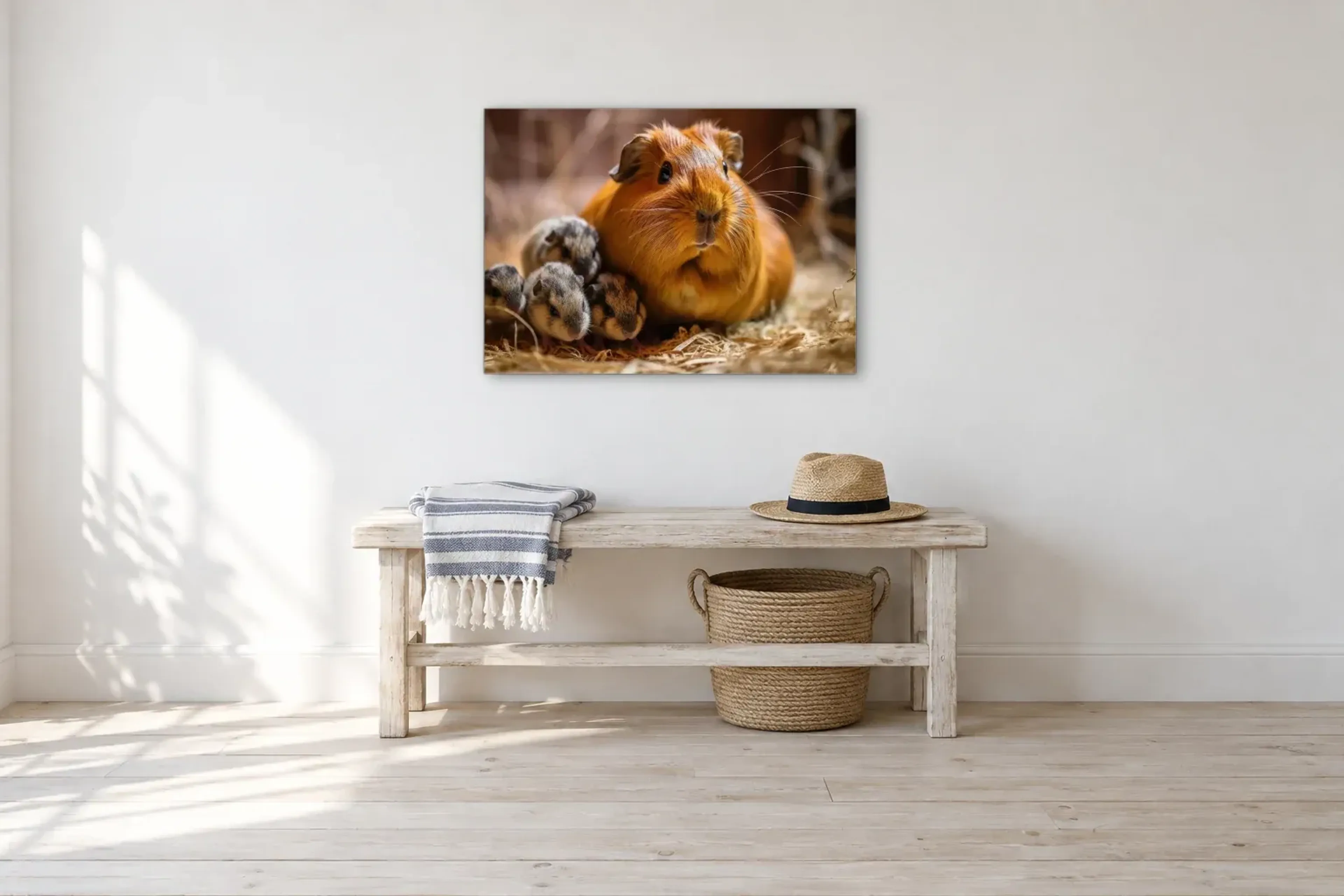 Meerschweinchen mit Jungtieren als Wandbild über einer 100-cm-Bank