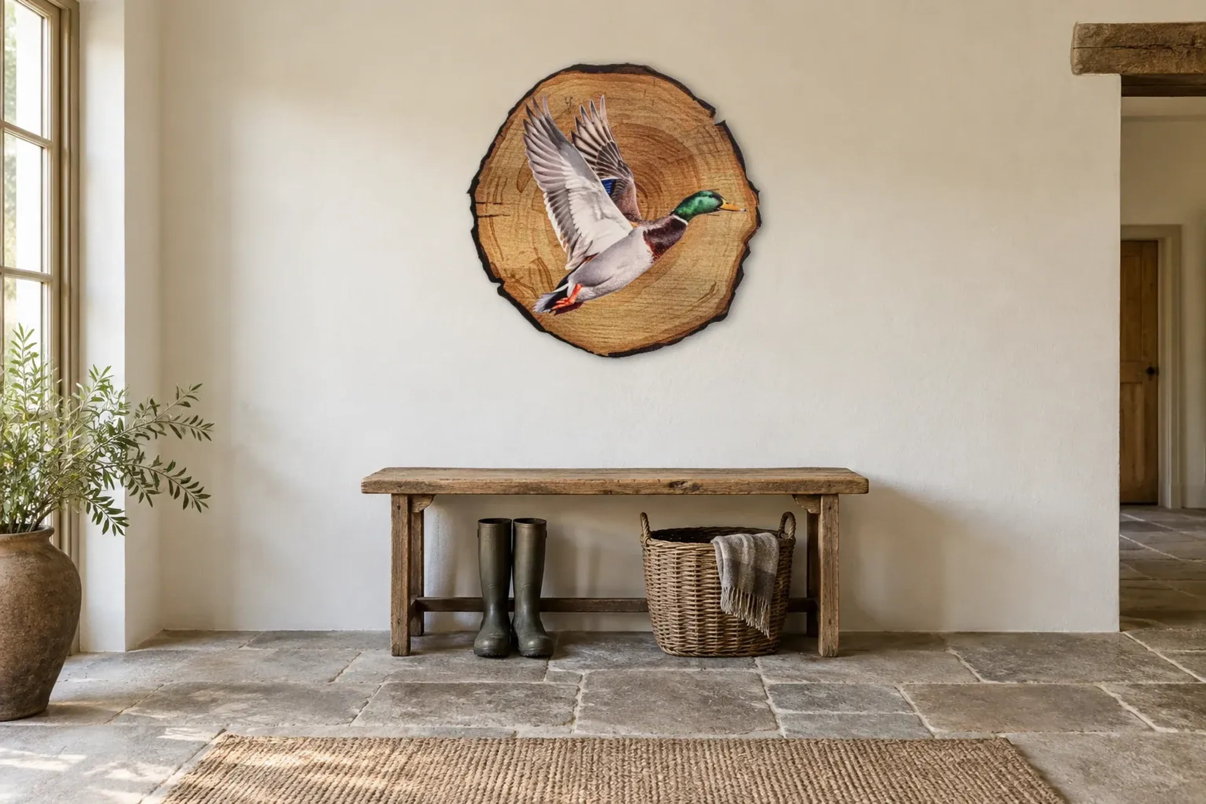 Ente als Wandbild über einer 120-cm-Bank
