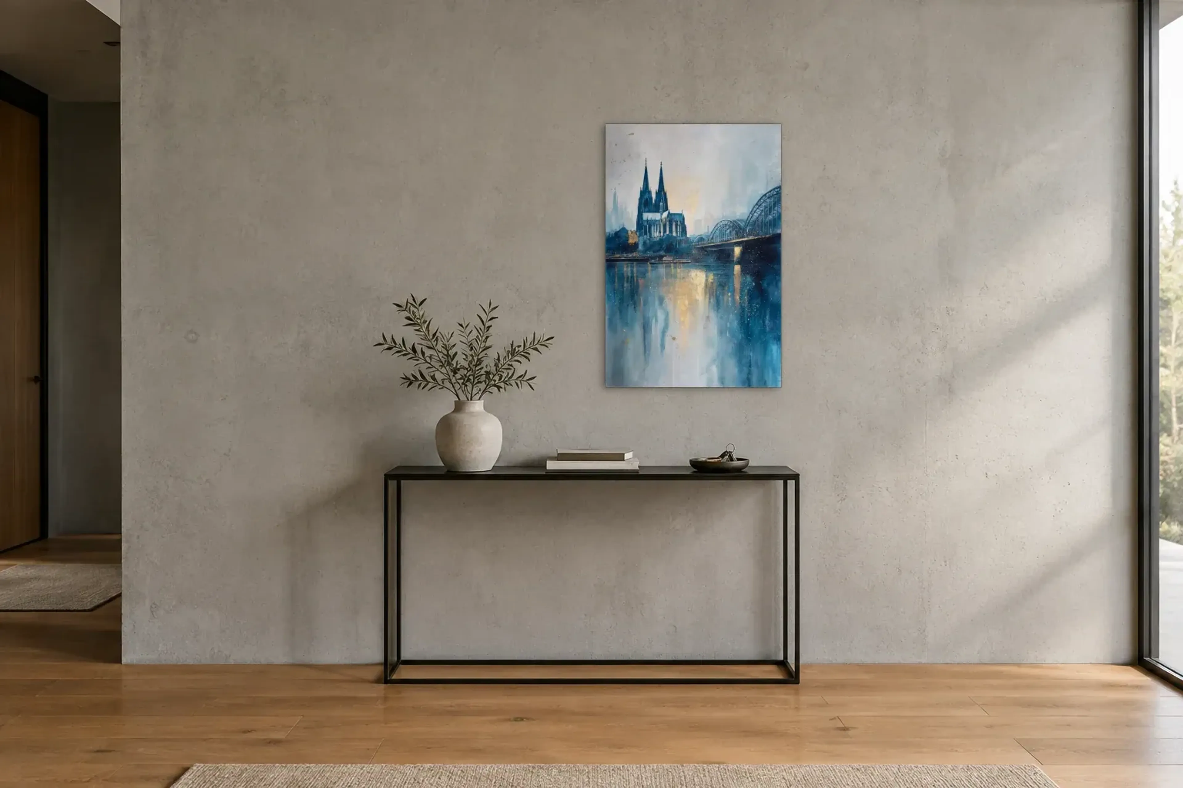 Goldlicht am Kölner Dom als Wandbild über einer 120-cm-Konsole