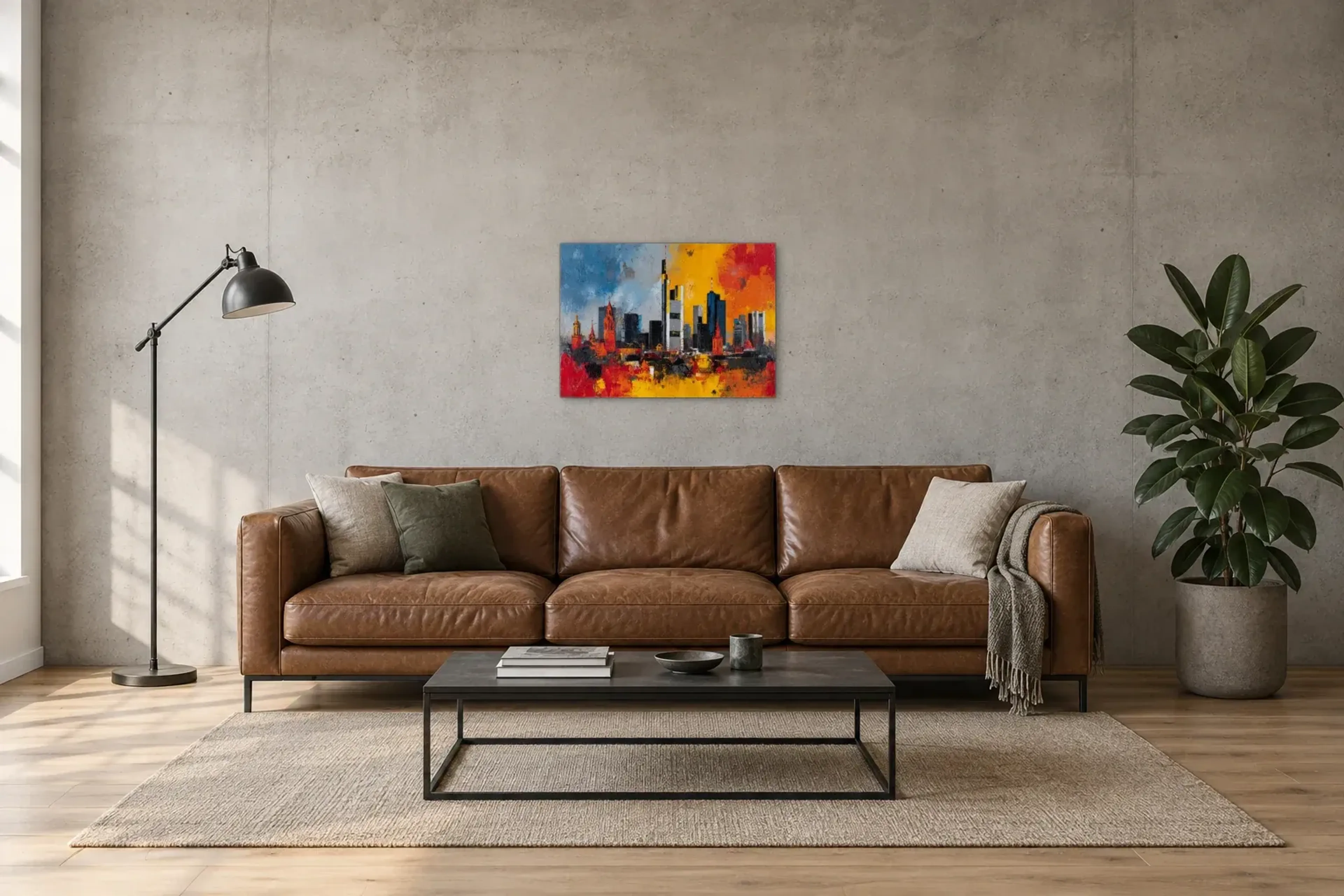 Frankfurt in Rot und Gold als Wandbild über einem 220-cm-Sofa
