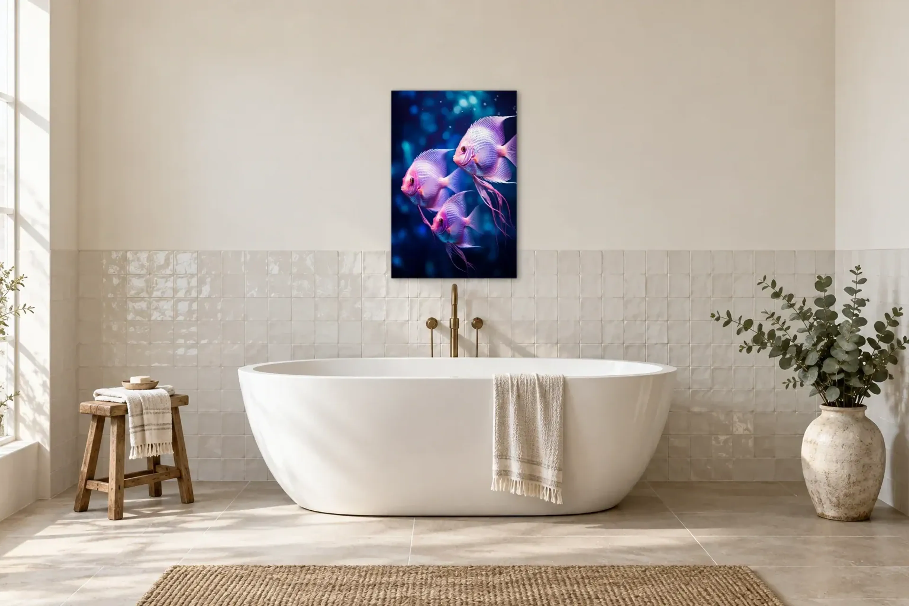 Lila rosa Fische als Wandbild über einer 170-cm-Badewanne
