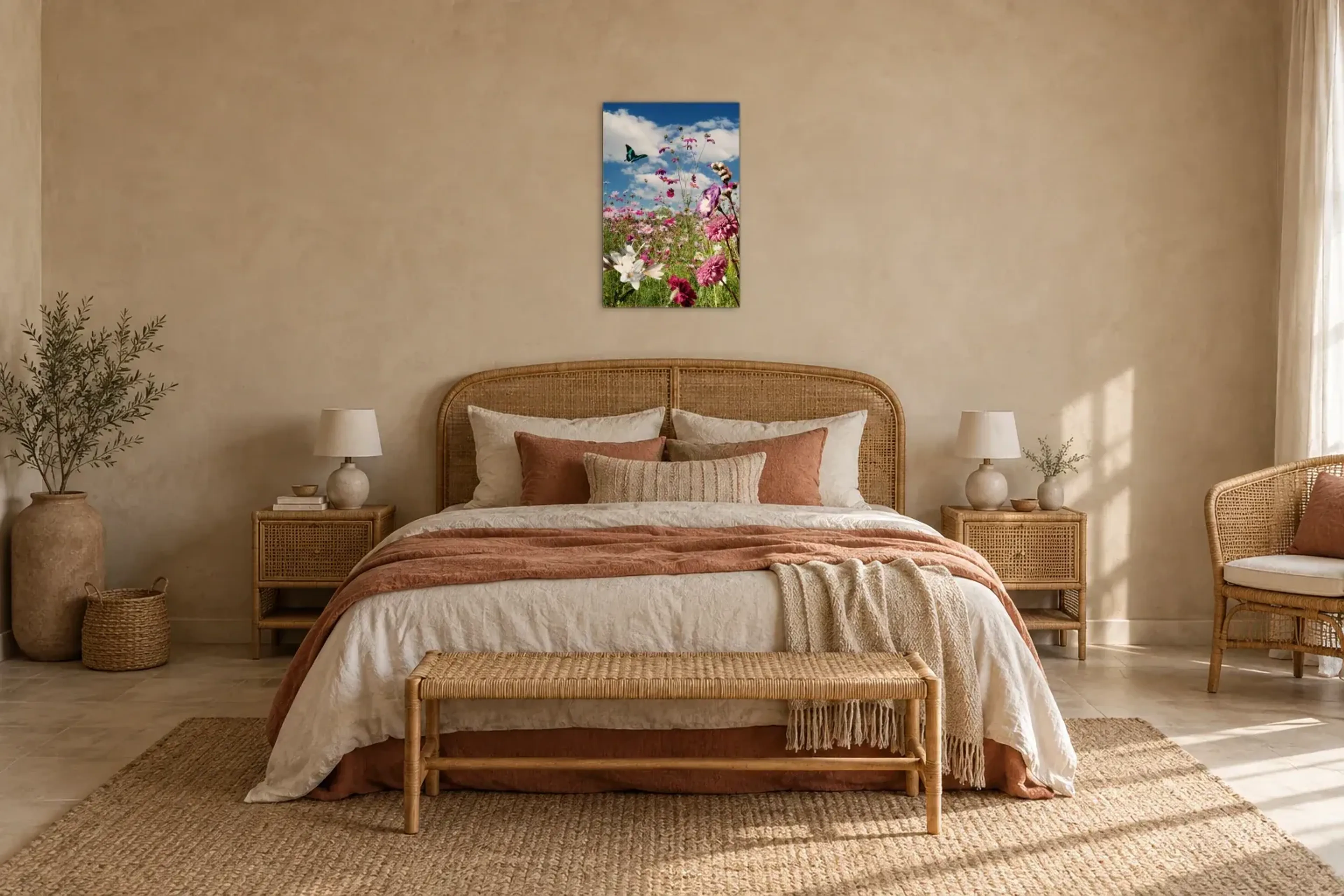 Blumenwiese mit Schmetterling als Wandbild über einem 180-cm-Bett