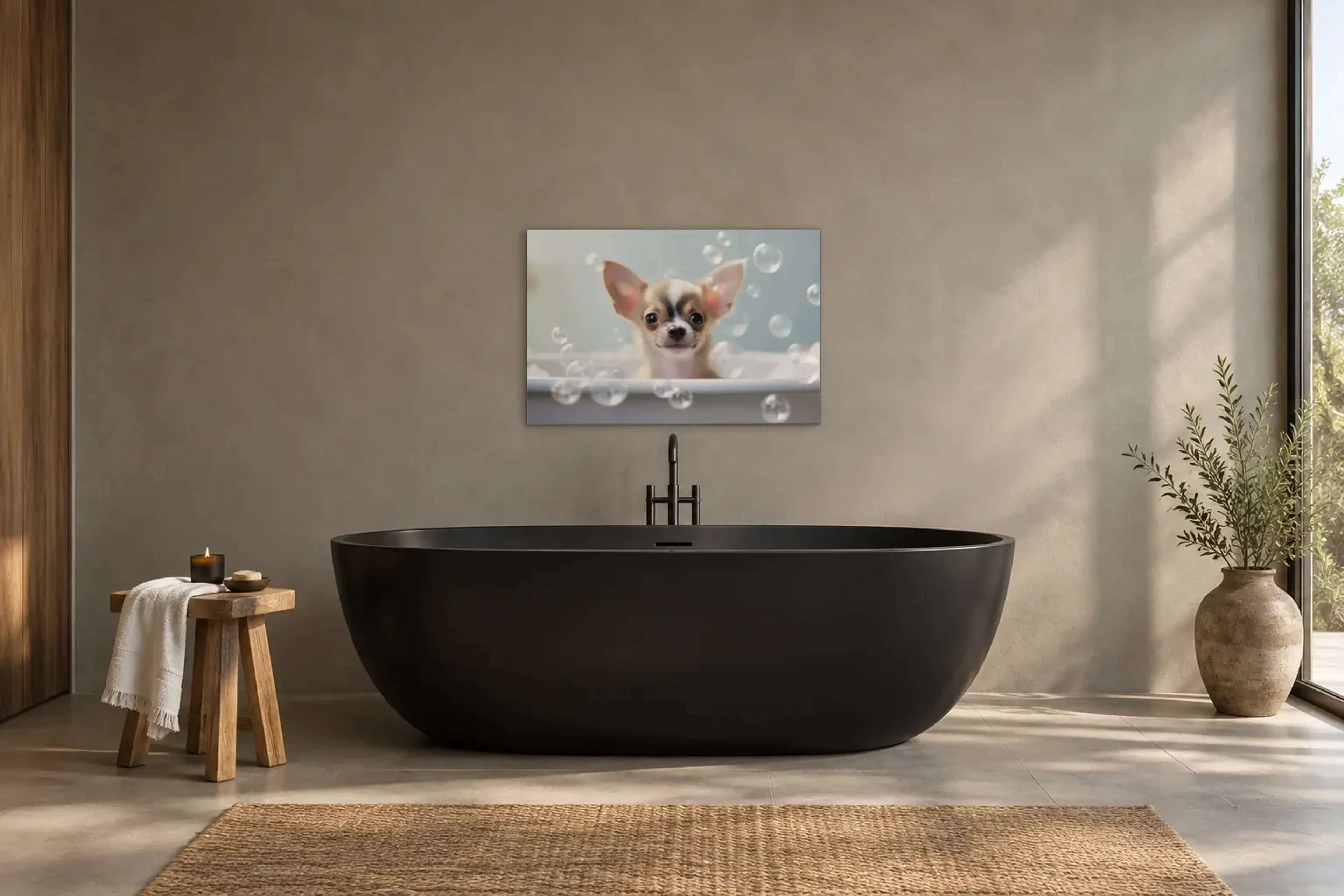 Chihuahua im Schaumbad als Wandbild über einer 170-cm-Badewanne