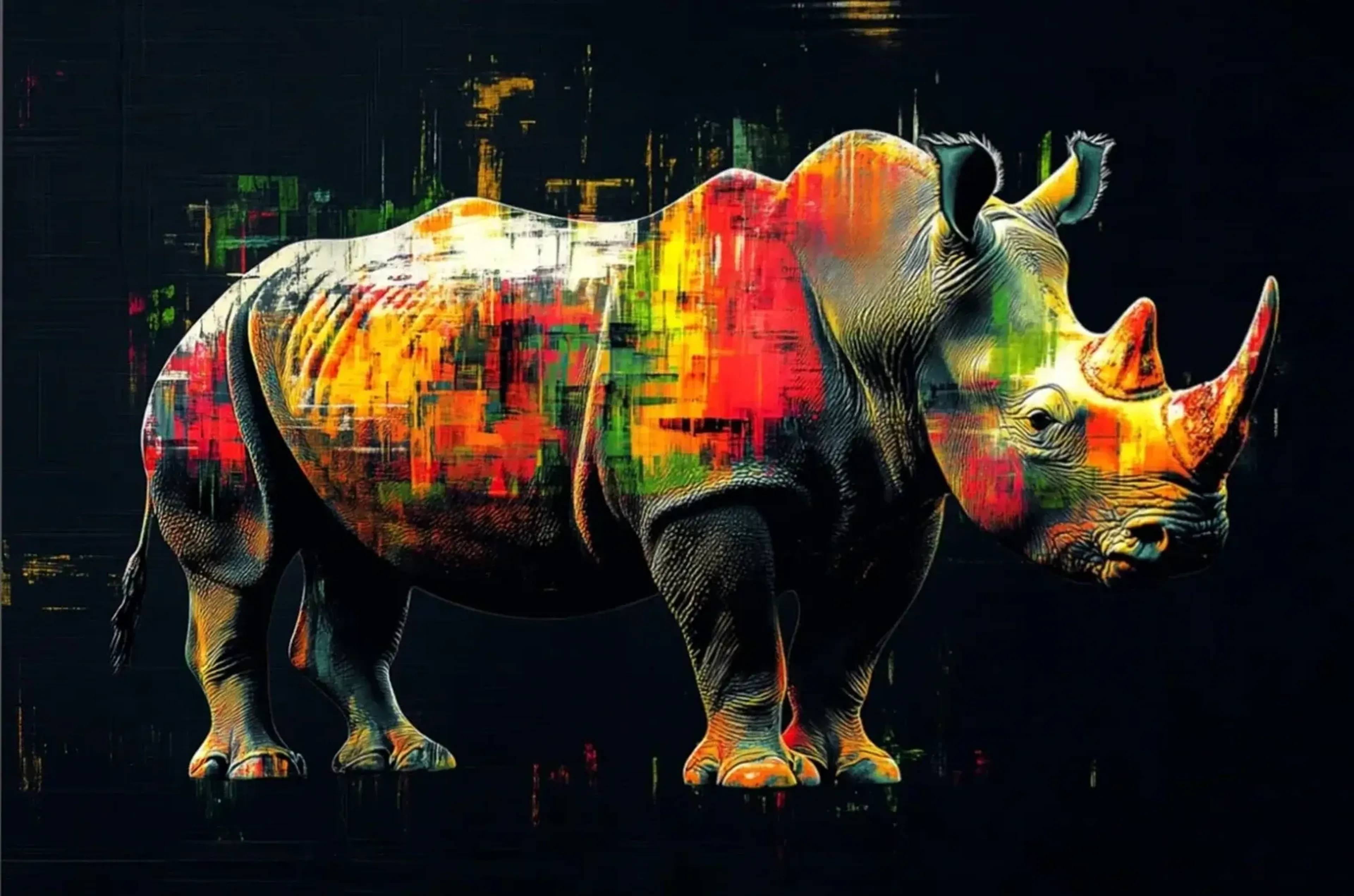 Nashorn im Dunkeln – Motiv als Wandbild auf Holz
