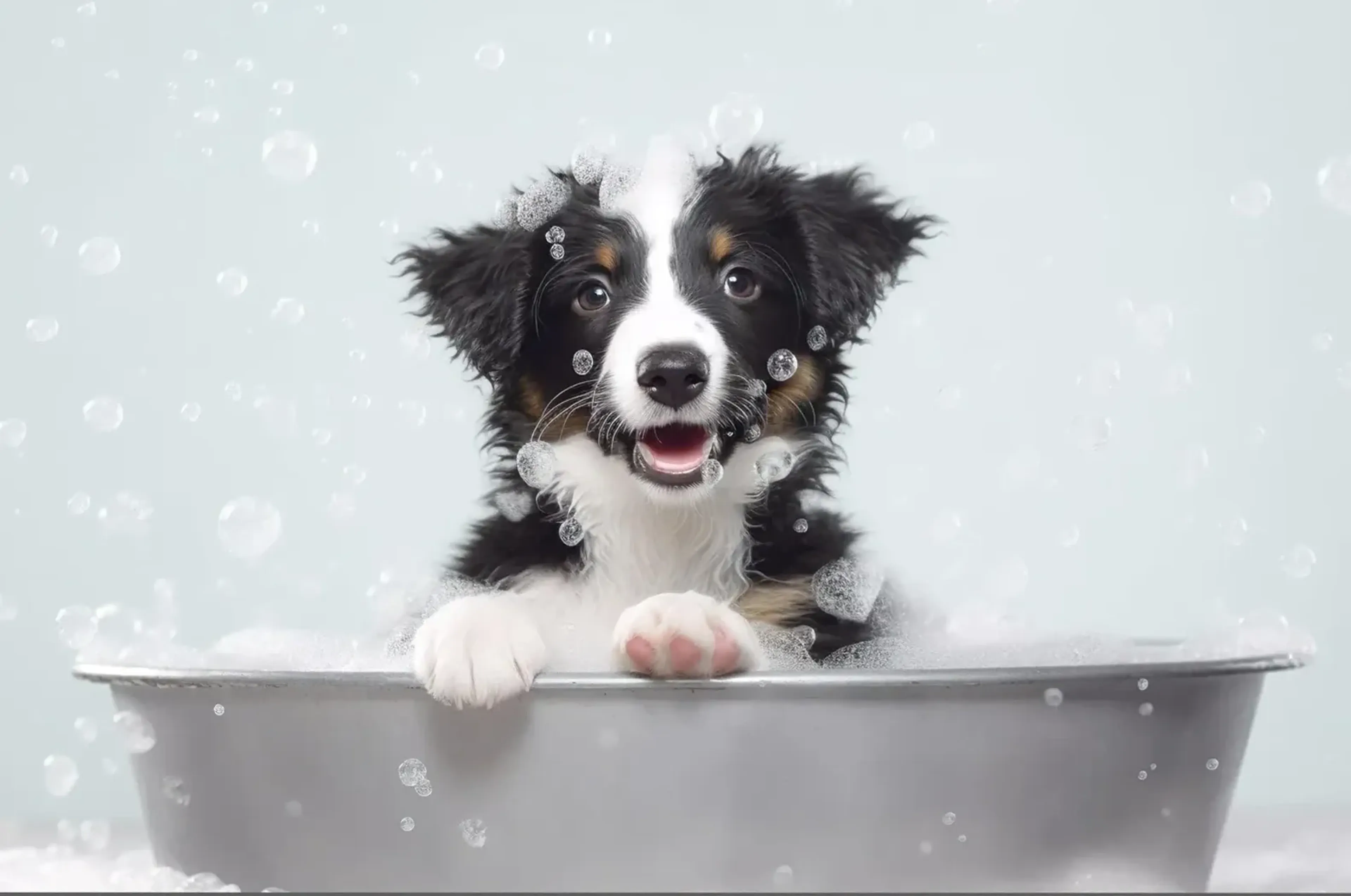 Ein schwarz-weißer Collie mit braunen Abzeichen legt seine Pfoten auf den Wannenrand, umgeben von Schaum und Blasen.