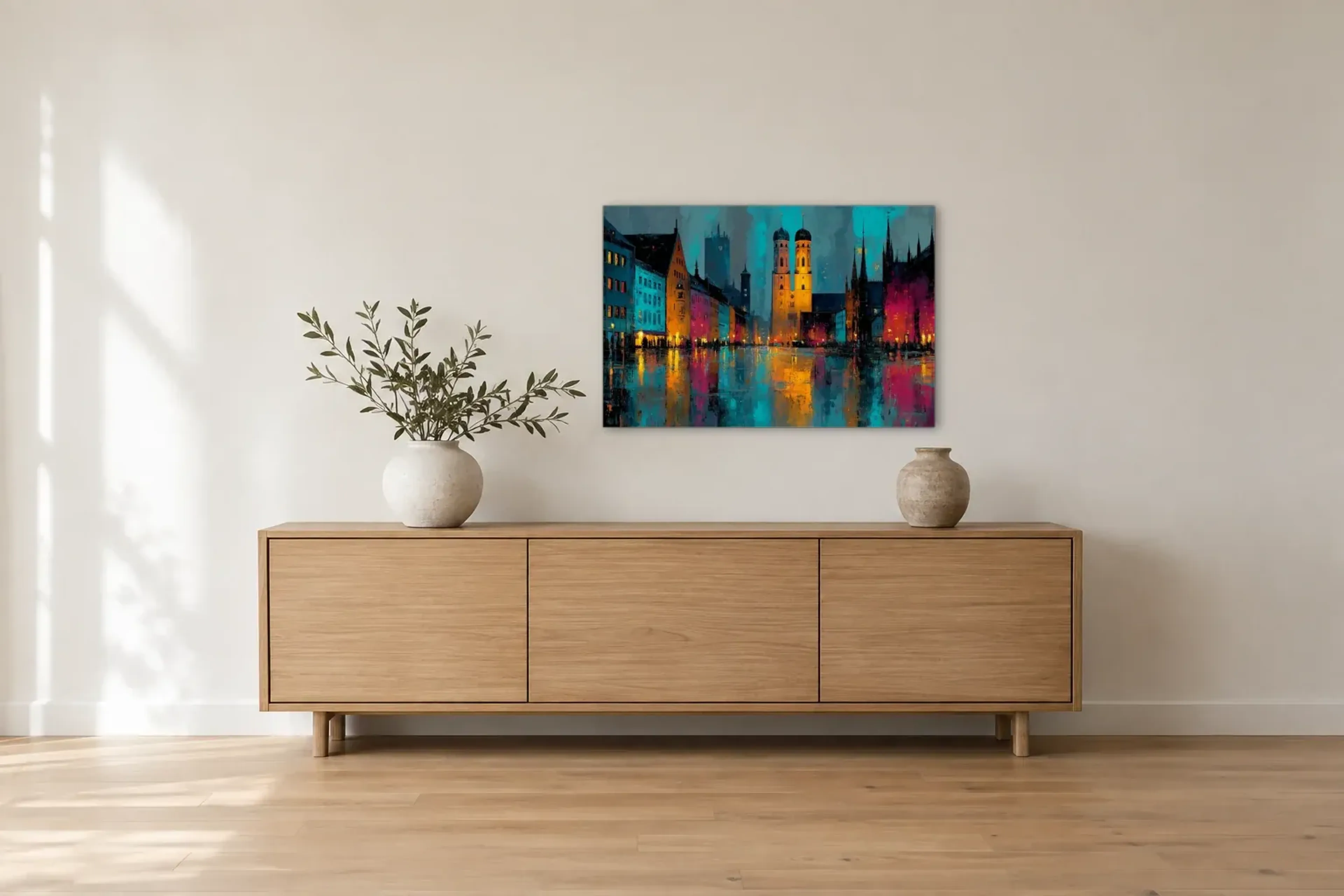 Frauenkirche im Farbenspiel als Wandbild über einem 180-cm-Sideboard