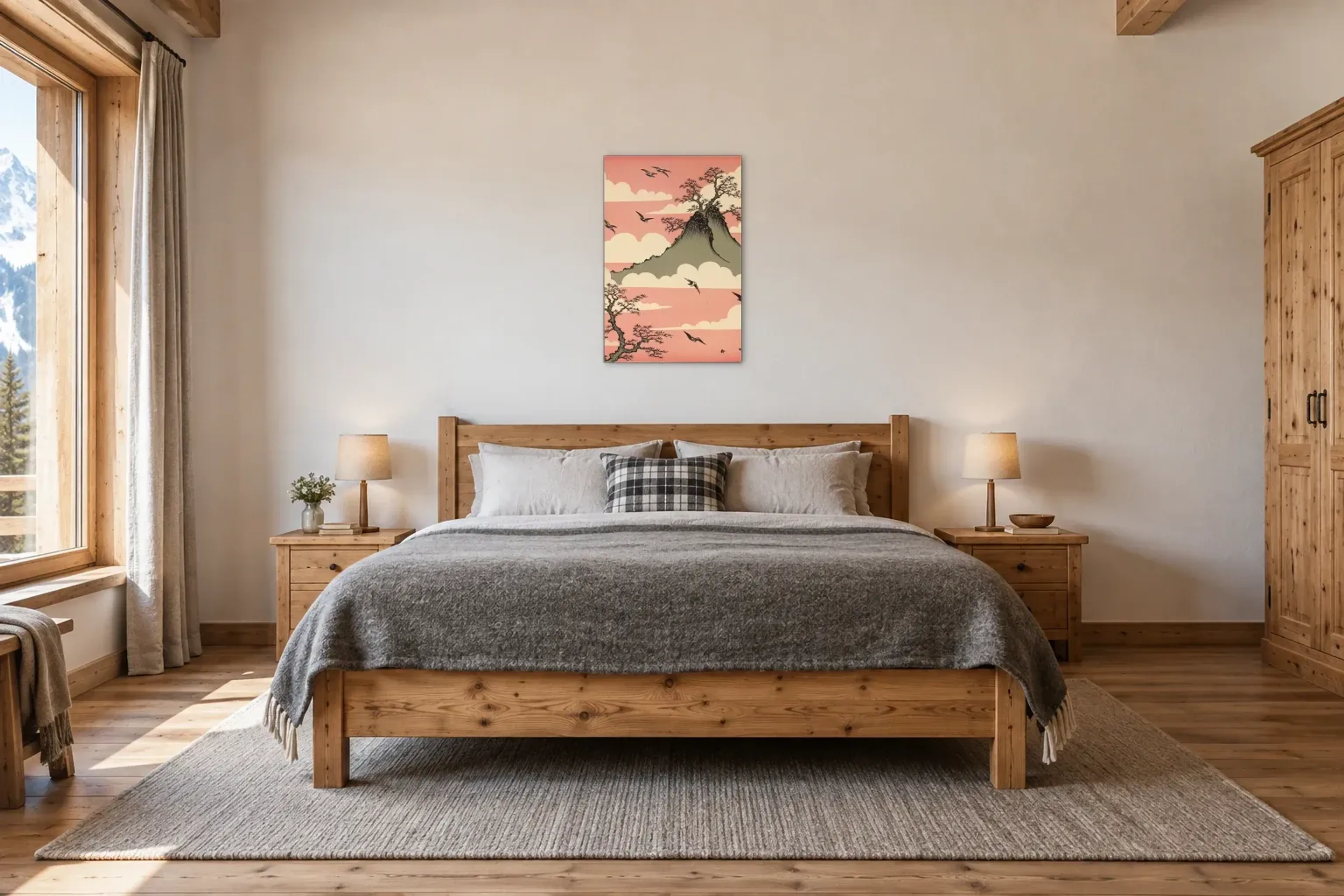 Berg zwischen Wolken als Wandbild über einem 180-cm-Bett