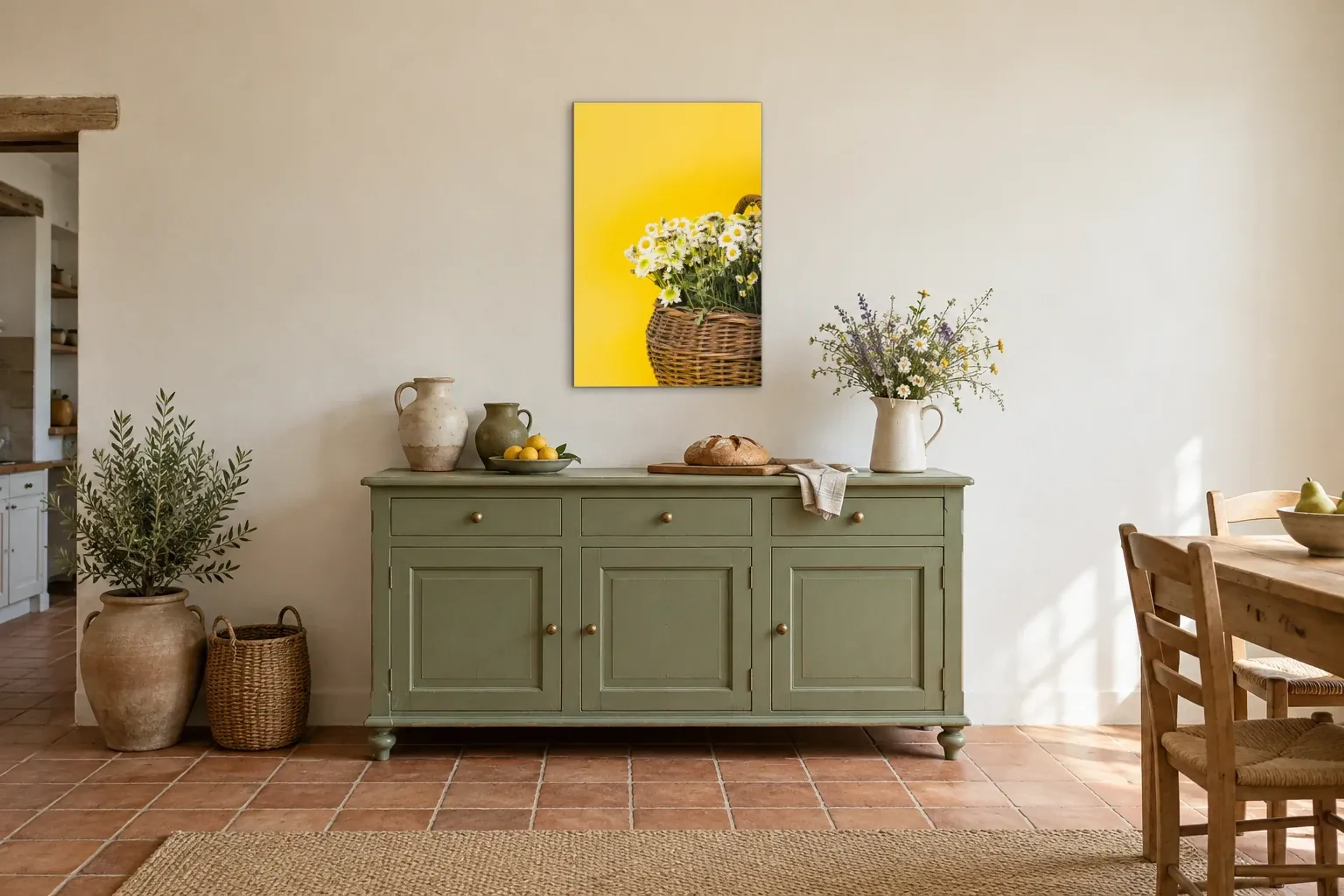 Gänseblümchen im Korb als Wandbild über einer 160-cm-Anrichte