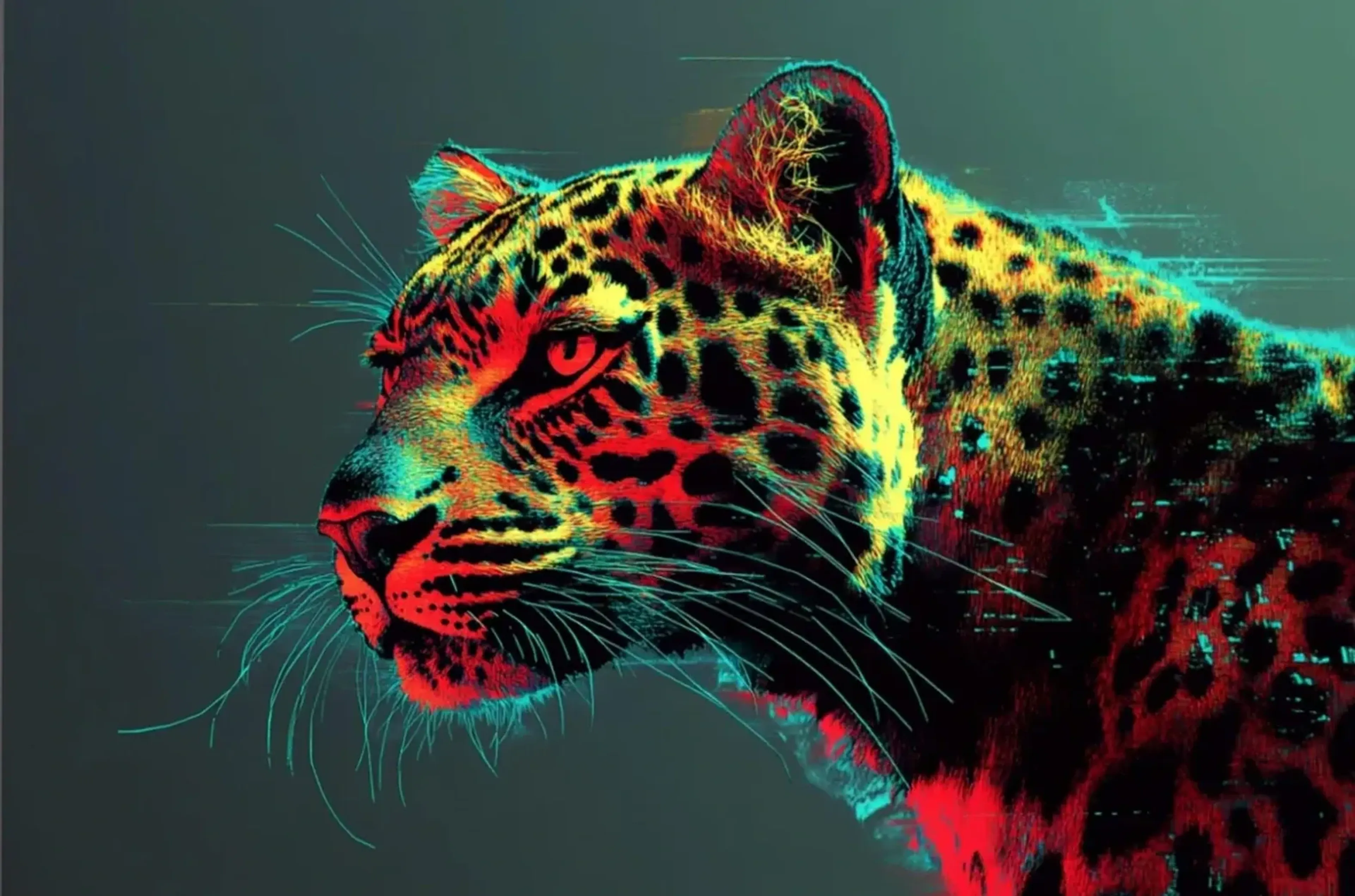 Leopard in Rot und Türkis – Motiv als Wandbild auf Holz