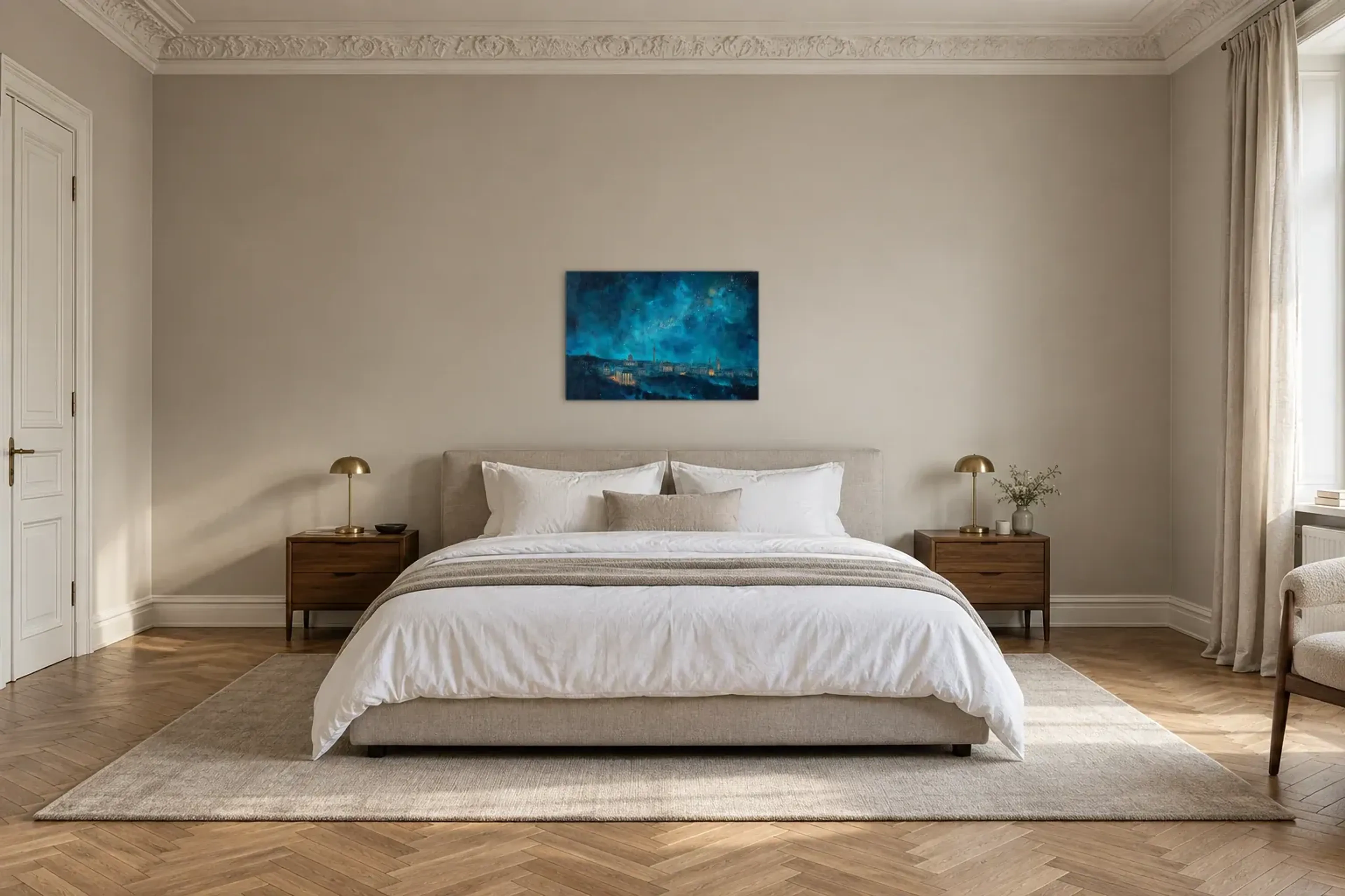 Berlin unter Sternen als Wandbild über einem 180-cm-Bett