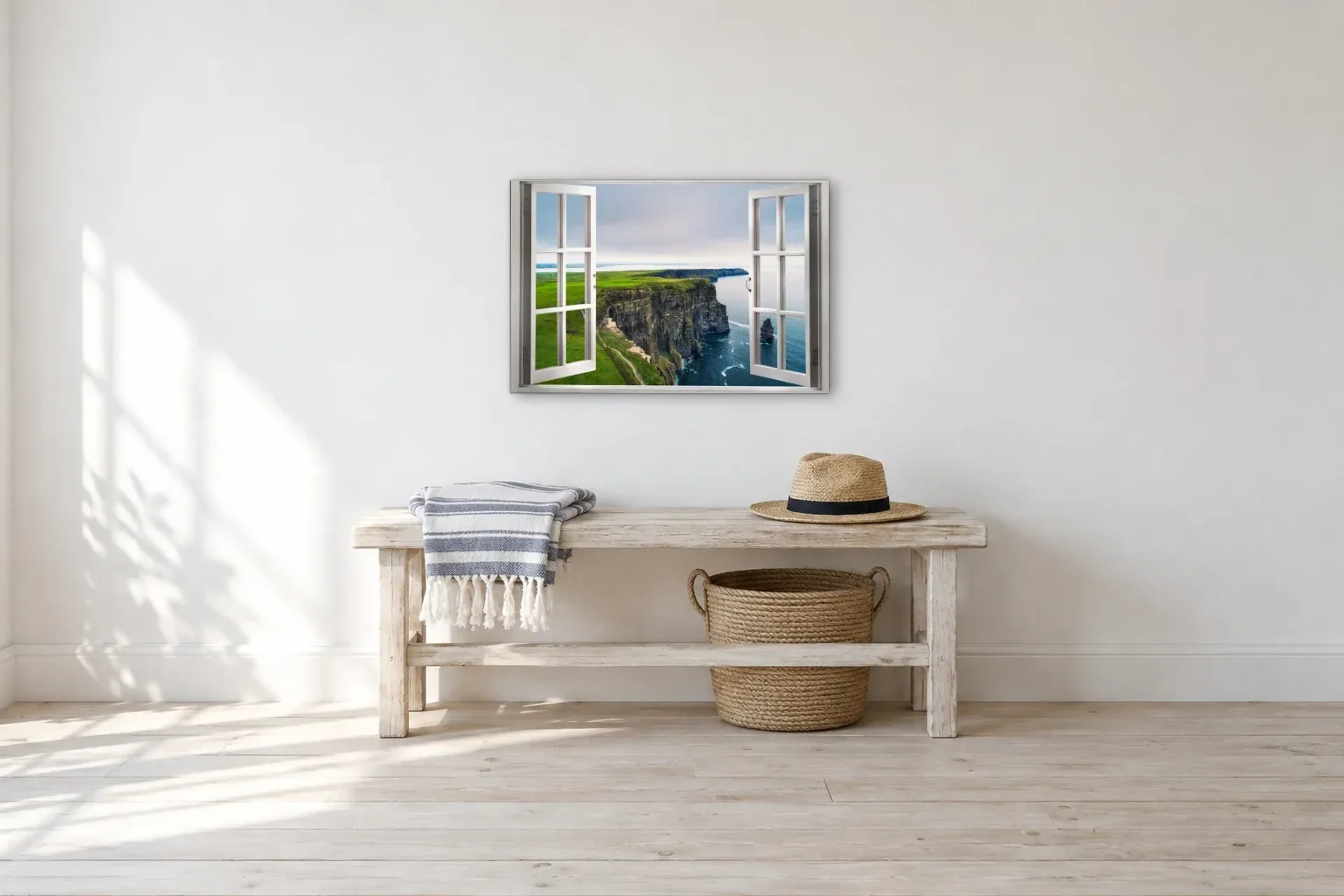 Blick auf die Steilküste als Wandbild über einer 100-cm-Bank