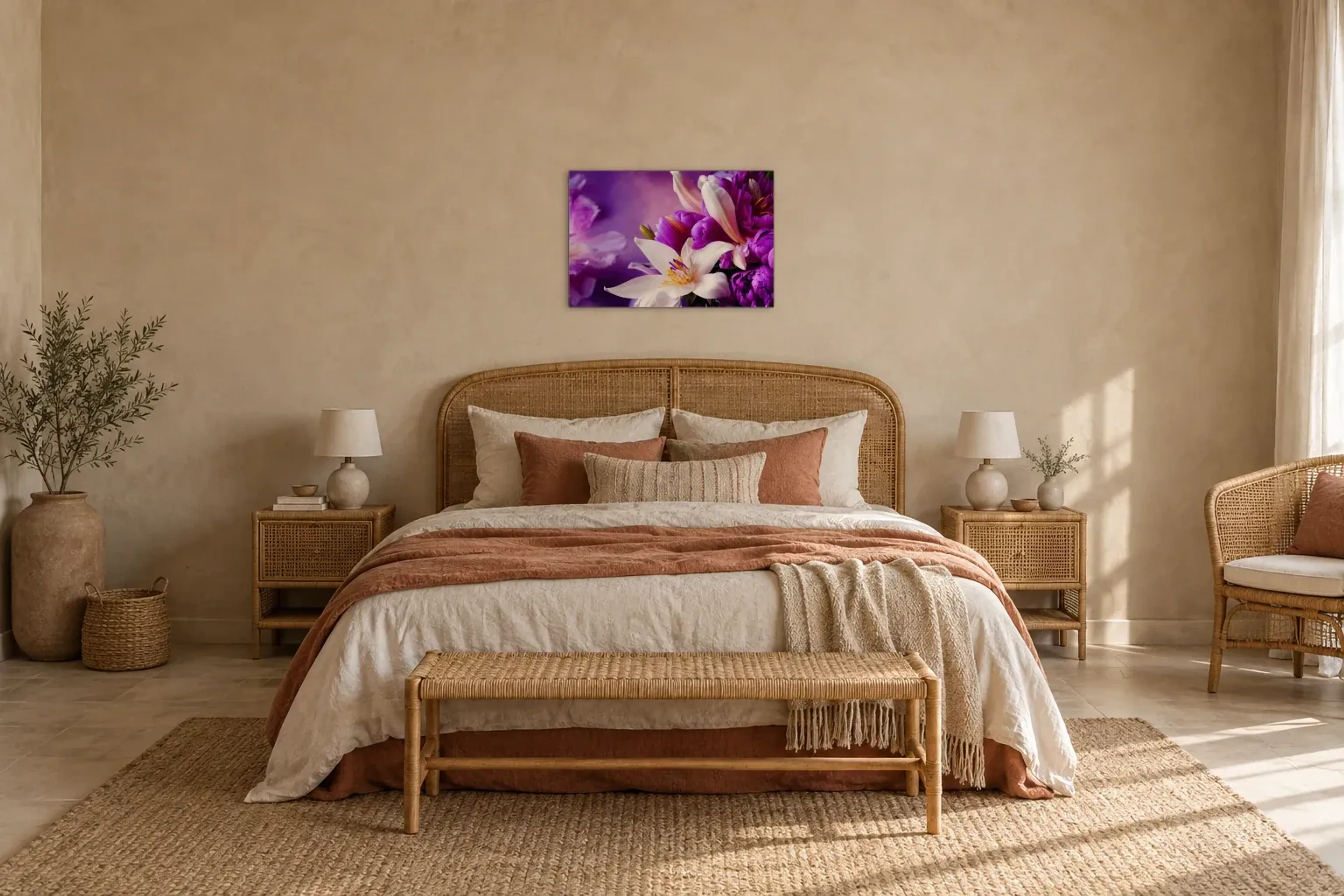 Weiße Lilien in Violett als Wandbild über einem 180-cm-Bett