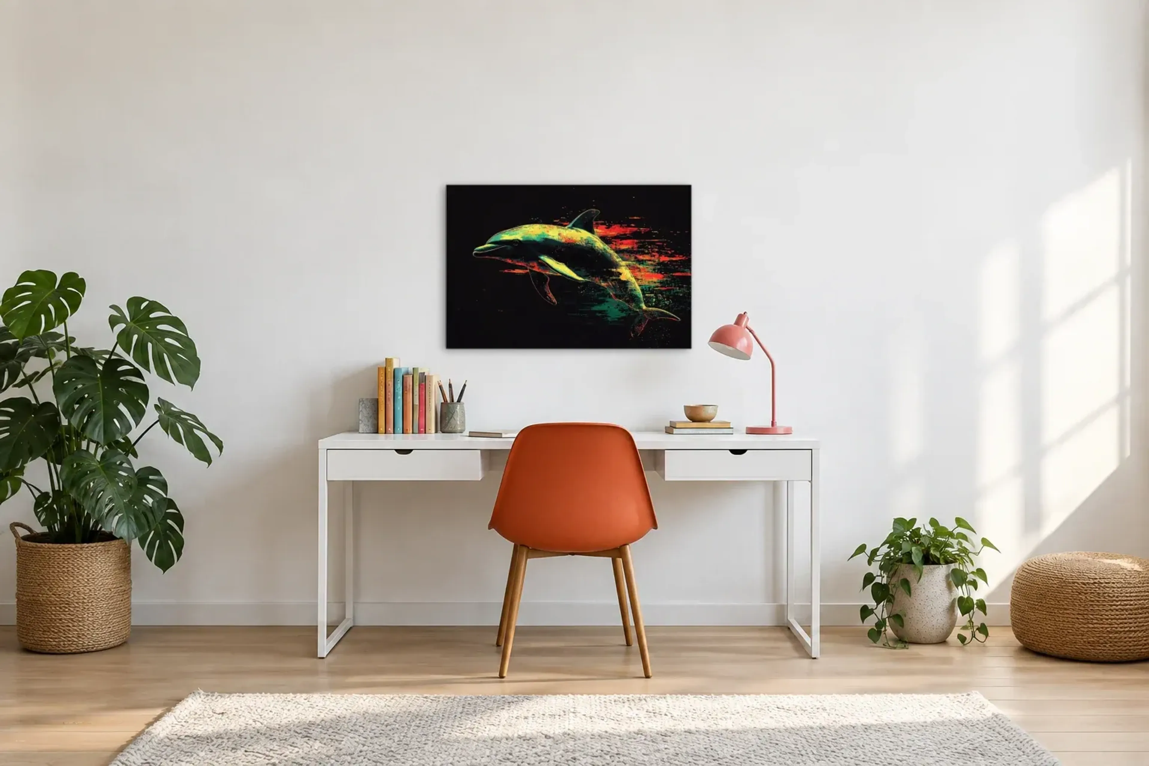 Delfin als Wandbild über einem 140-cm-Schreibtisch