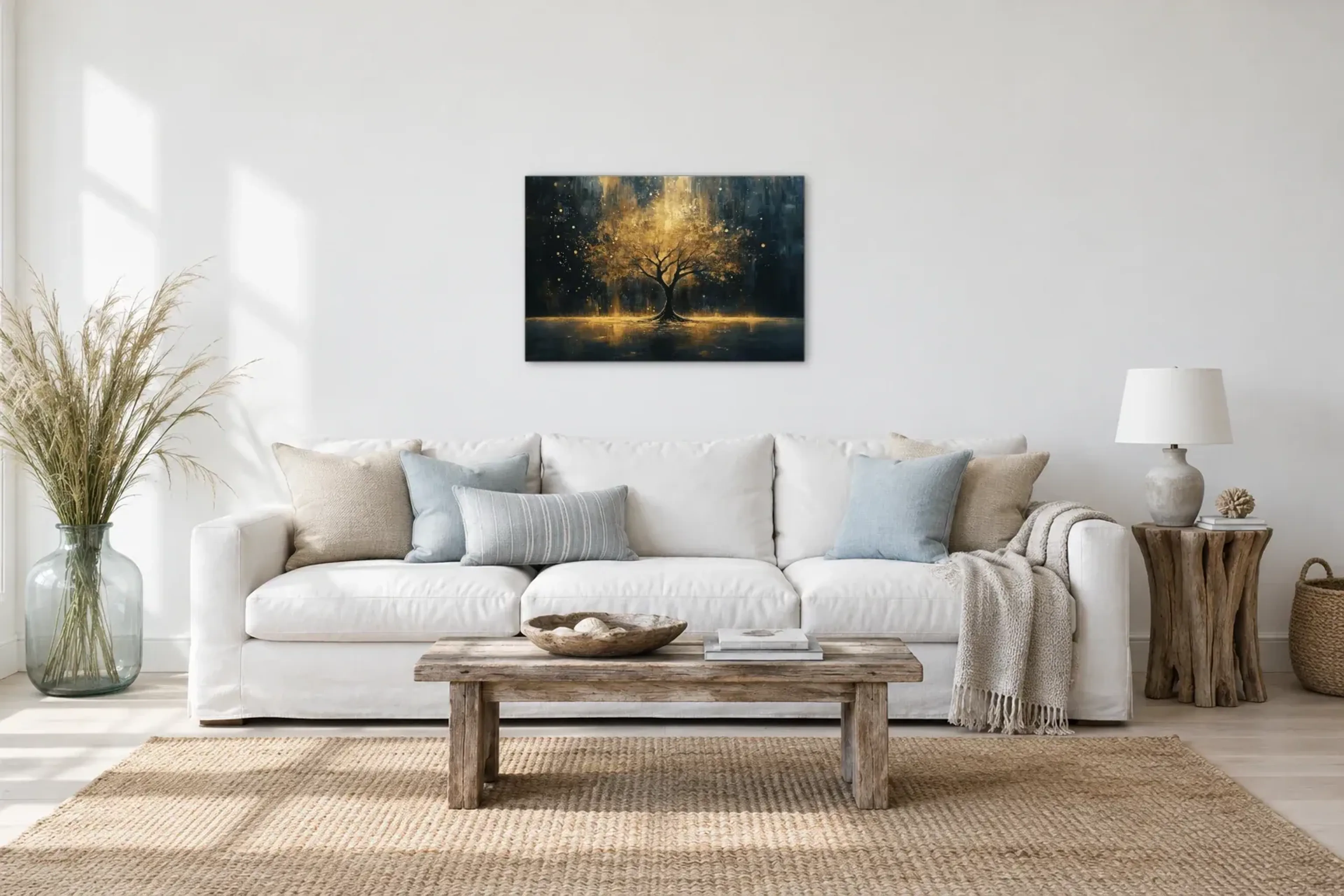 Lebensbaum Gold als Wandbild über einem 220-cm-Sofa