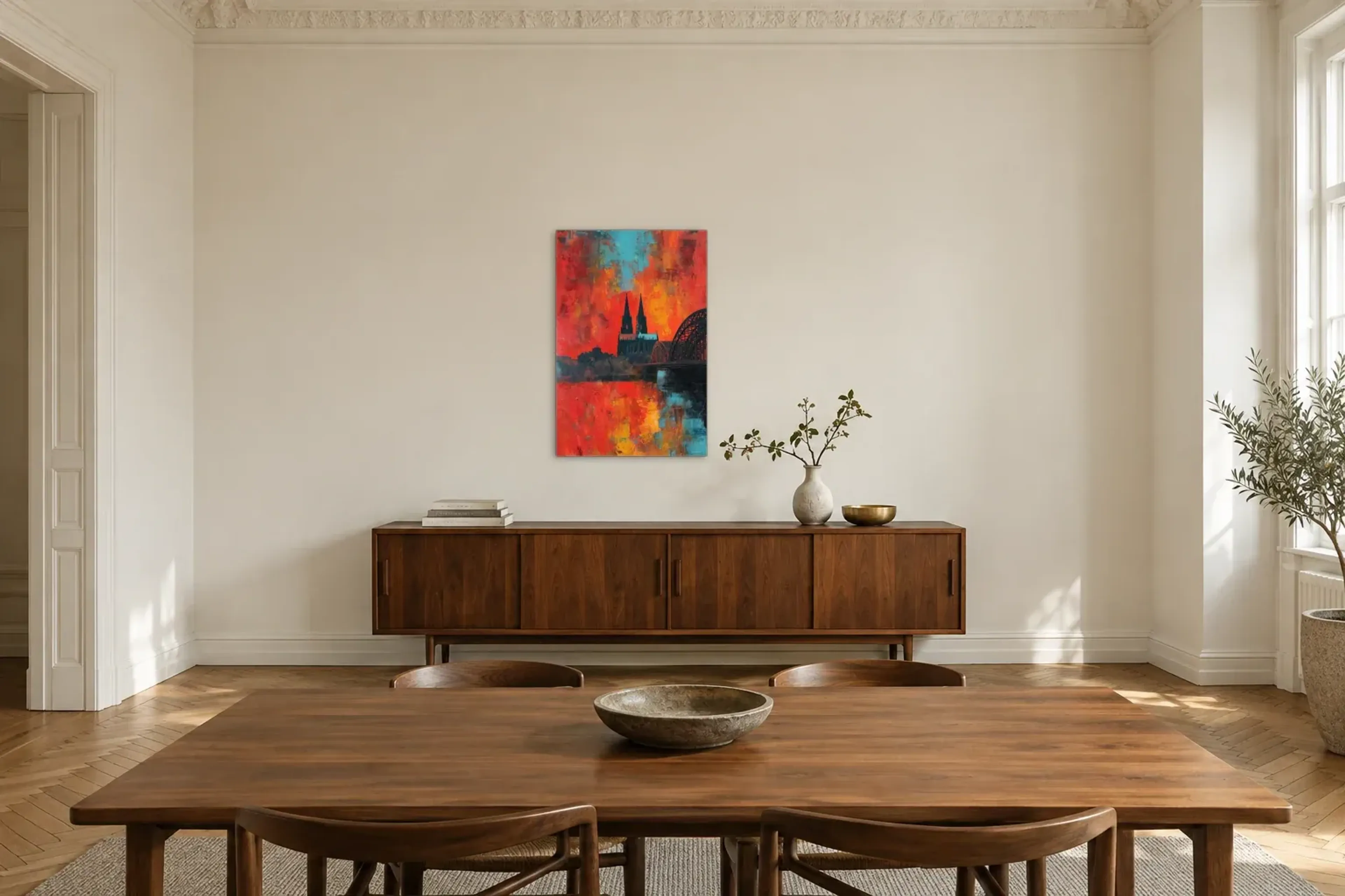 Köln in Rotglut als Wandbild über einem 200-cm-Sideboard