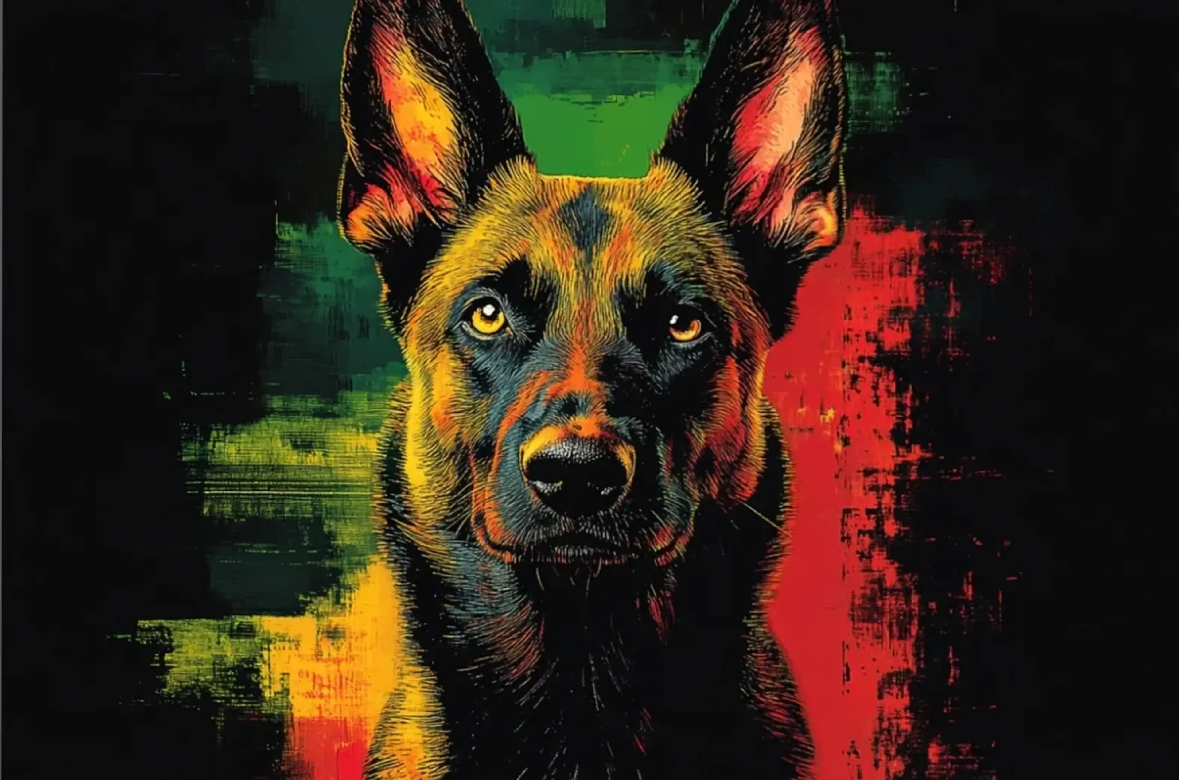 Frontaler Malinois mit aufrechten Ohren und gelben Augen vor schwarzen, grünen und roten Farbflächen.