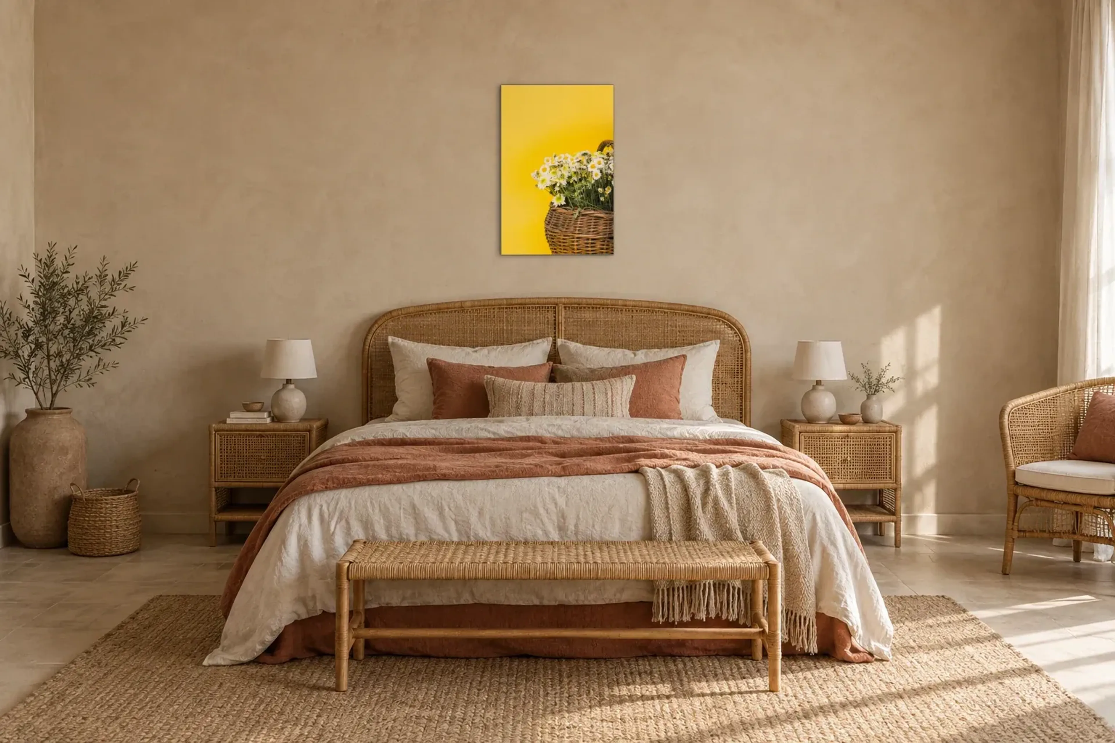 Gänseblümchen im Korb als Wandbild über einem 180-cm-Bett