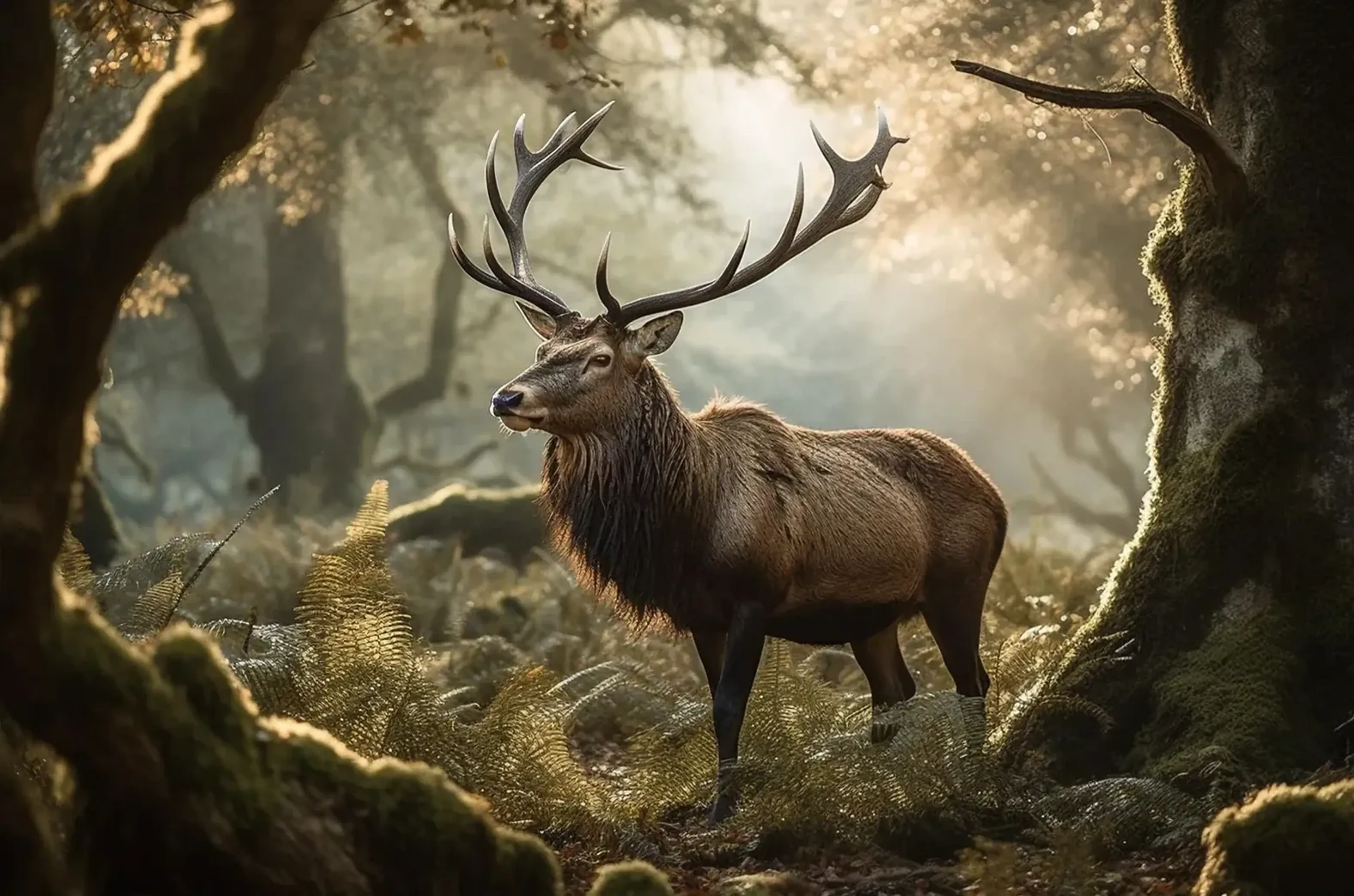 Ein Hirsch mit ausladendem Geweih steht zwischen Farnen und moosigen Bäumen im sanften Waldlicht.