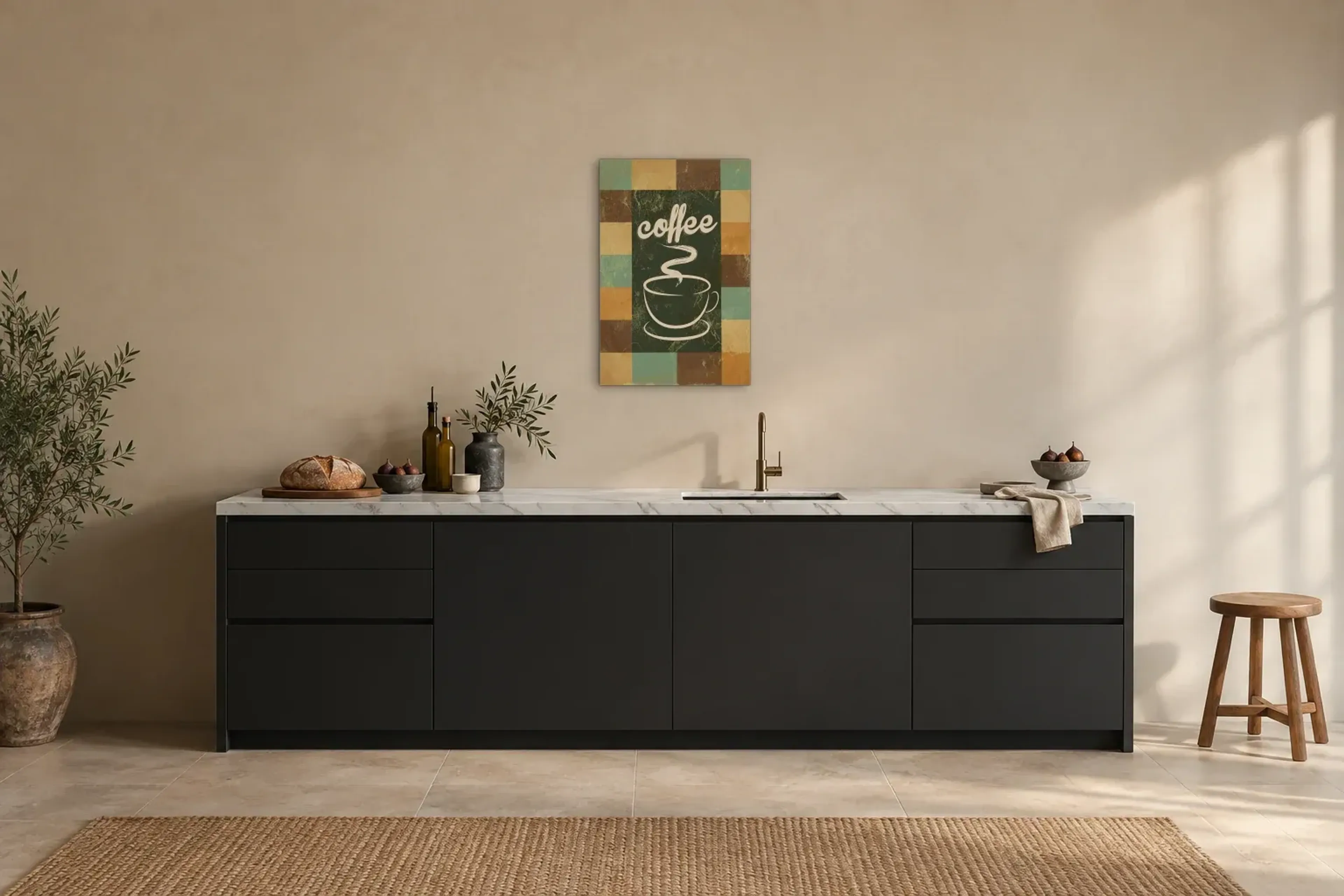 Kaffee Retro als Wandbild über einer 200-cm-Arbeitsplatte