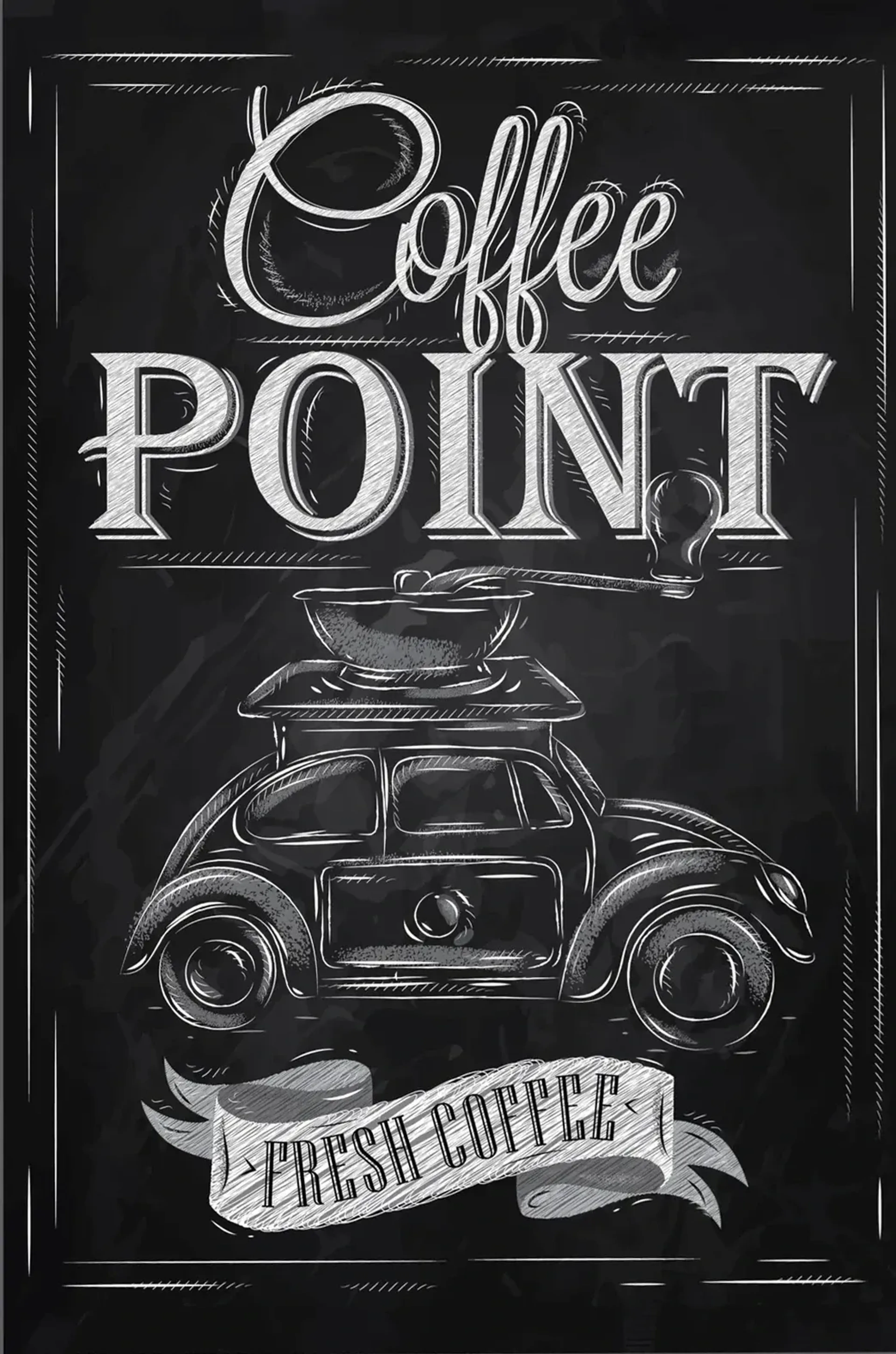 Weiße Zeichnung auf Schwarz mit „Coffee Point“, einem Auto, einer Tasse auf dem Dach und „Fresh Coffee“.